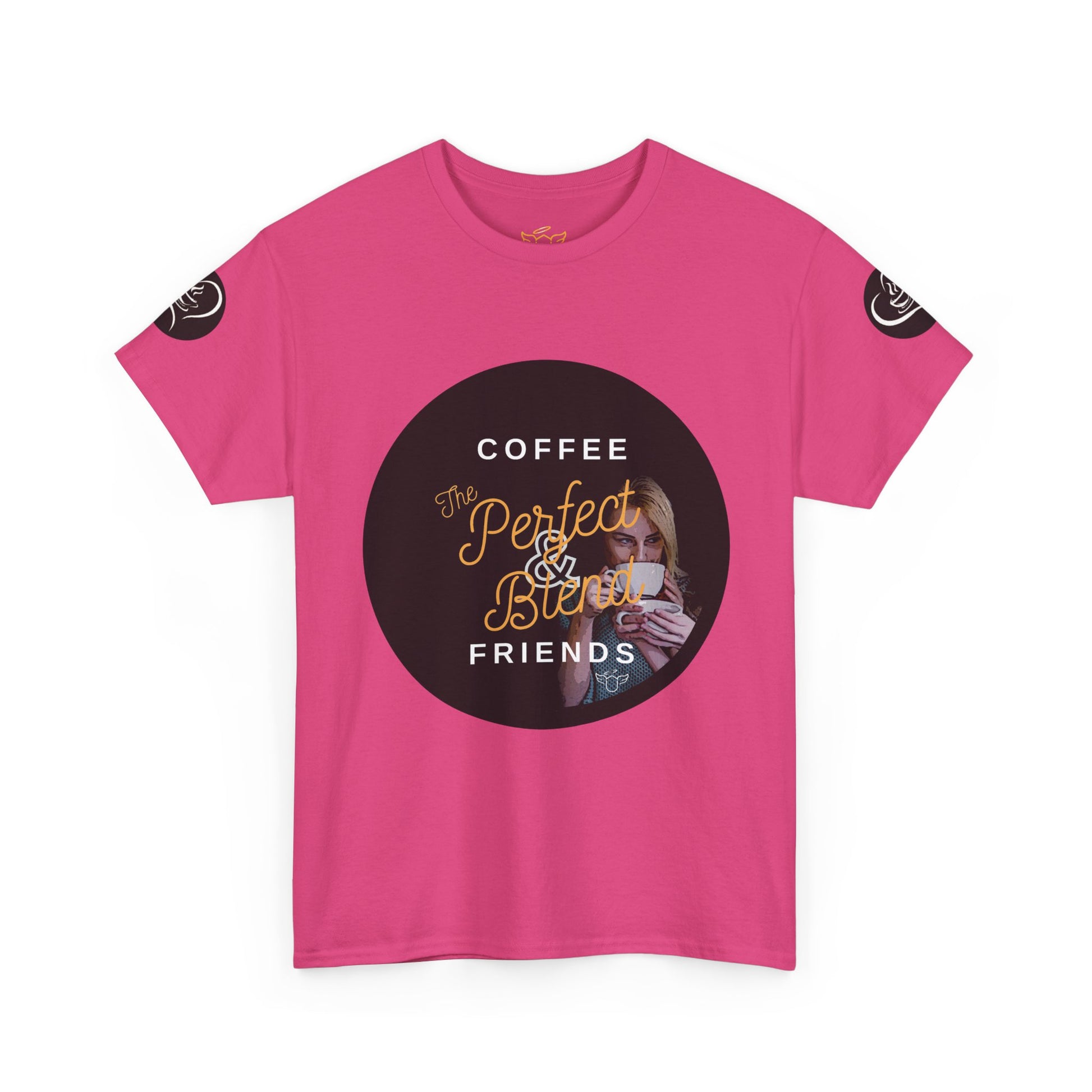 Coffee Lovers Ladies Tee - COFFEE and FRIENDS the Perfect Blend, Pink t-shirt with a graphic design featuring text and an image of a person holding a coffee cup on a white background.
