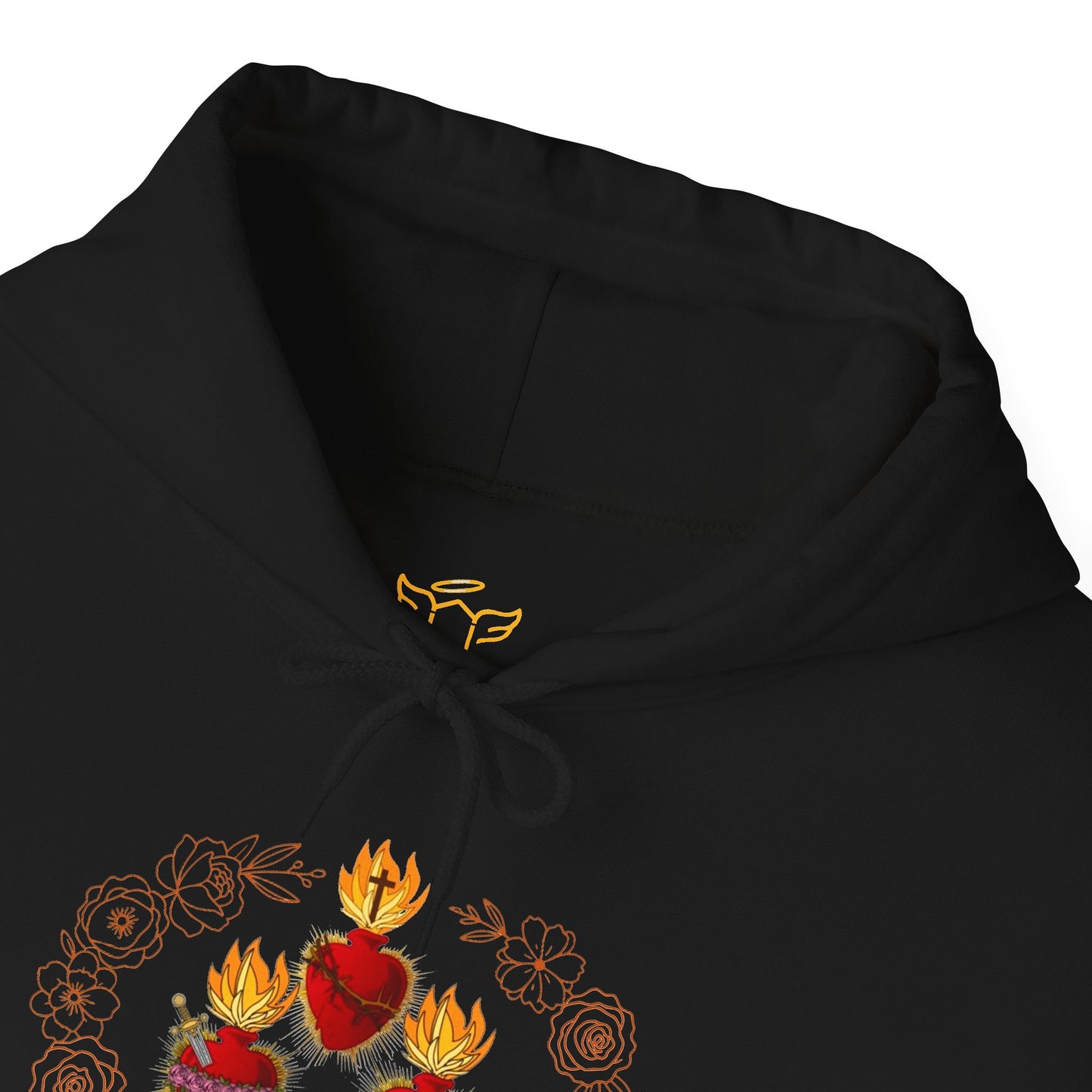 Sacred Hearts Hoodie — Three Flaming Hearts J.M.J. Devotional Sweatshirt (CT)