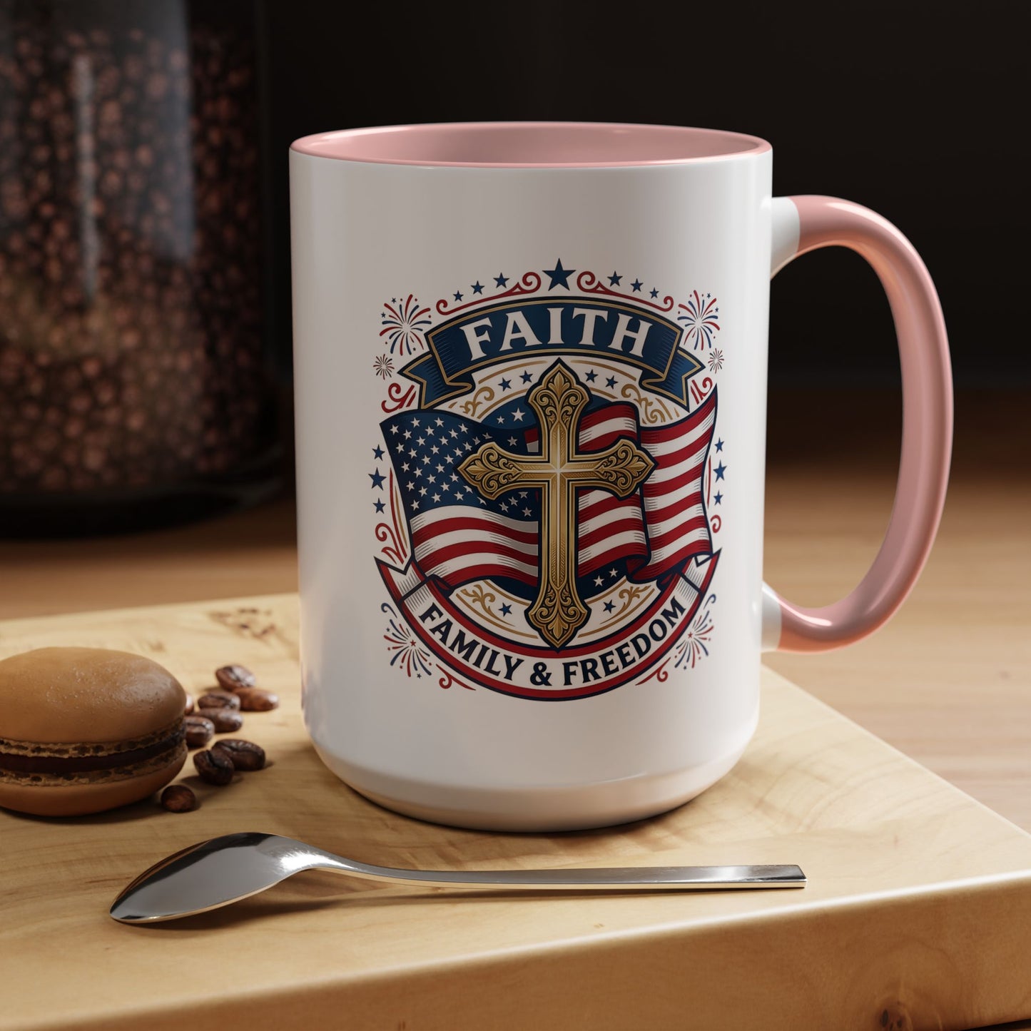 Faith, Family & Freedom Accent Coffee Mug — Patriotic Cross Mug  (USA 250th)