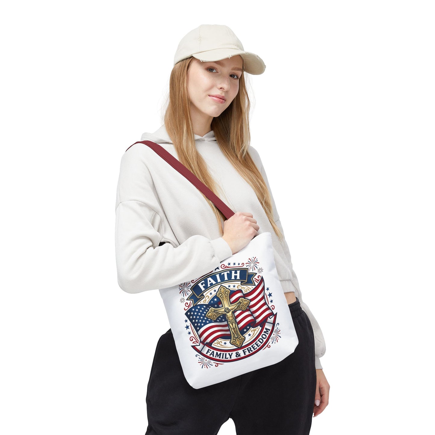 Faith, Family & Freedom Tote Bag — Patriotic Cross American Flag Tote (USA 250th)