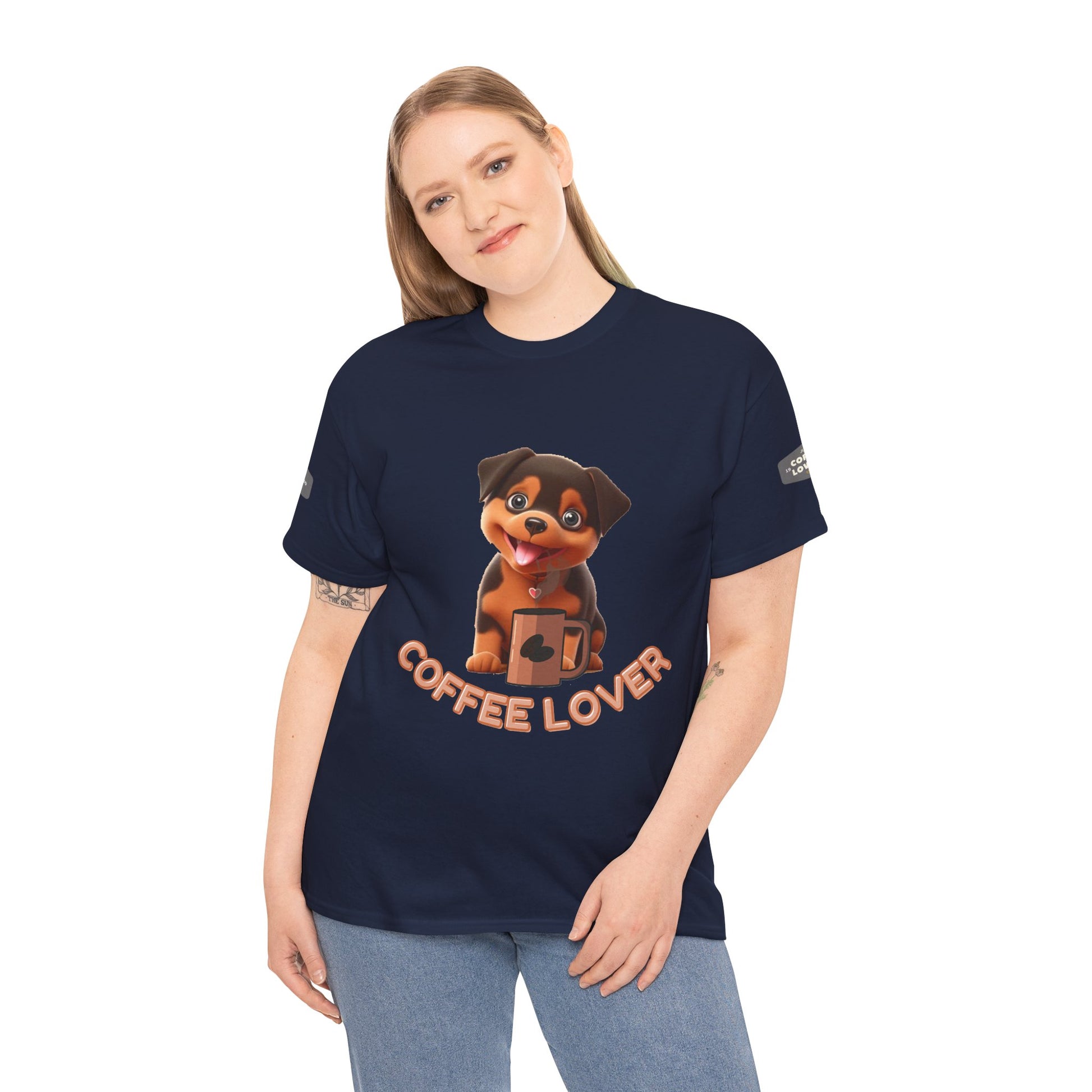 COFFEE LOVERS COTTON TEE for Dog Lovers. Person wearing a navy blue t-shirt with a dog graphic and 'Coffee Lover' text on a white background