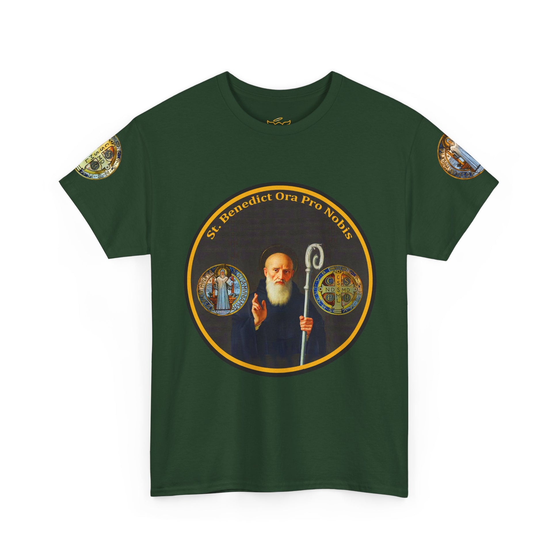 Saint Benedict Medal Unisex T-shirt, Green t-shirt with a graphic of a religious figure and text on a white background