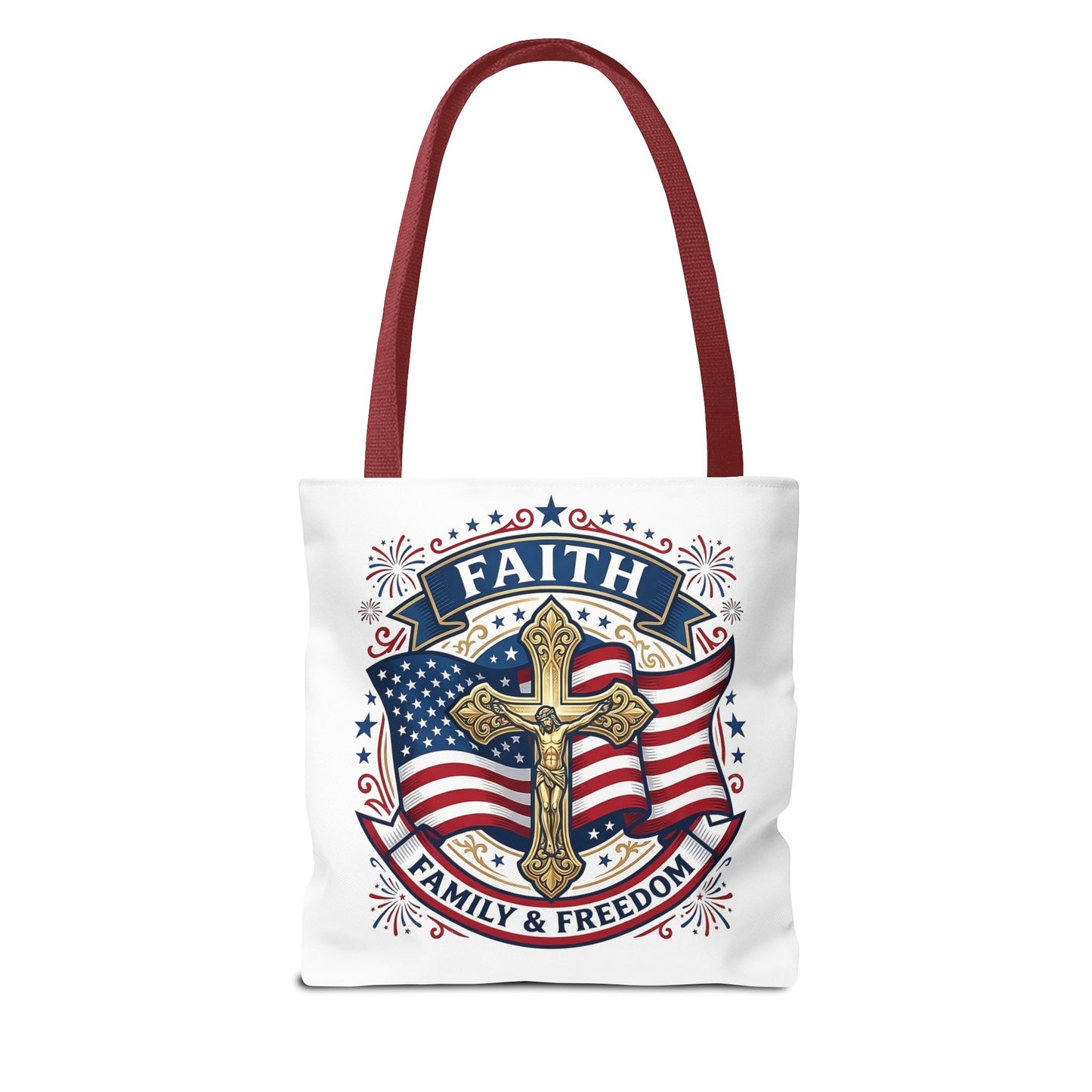 Faith, Family & Freedom Tote Bag — Patriotic Cross American Flag Tote (USA 250th)