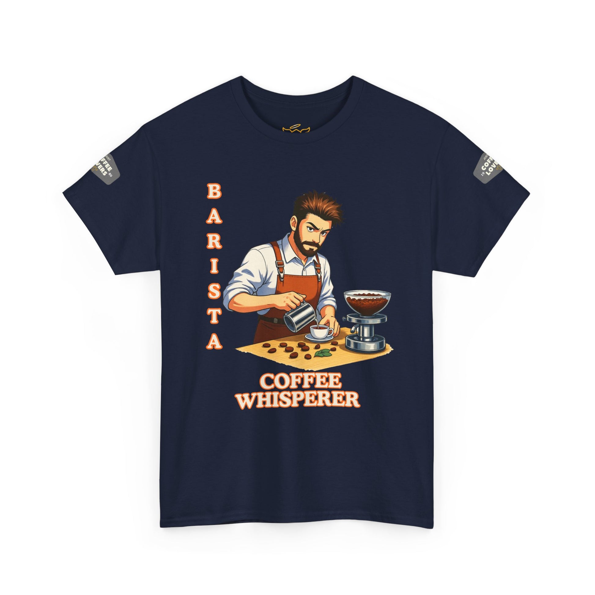 Coffee Lovers Cotton Tee for Male Barista,  Navy blue t-shirt with a graphic of a barista and text 'Barista Coffee Whisperer' on a white background