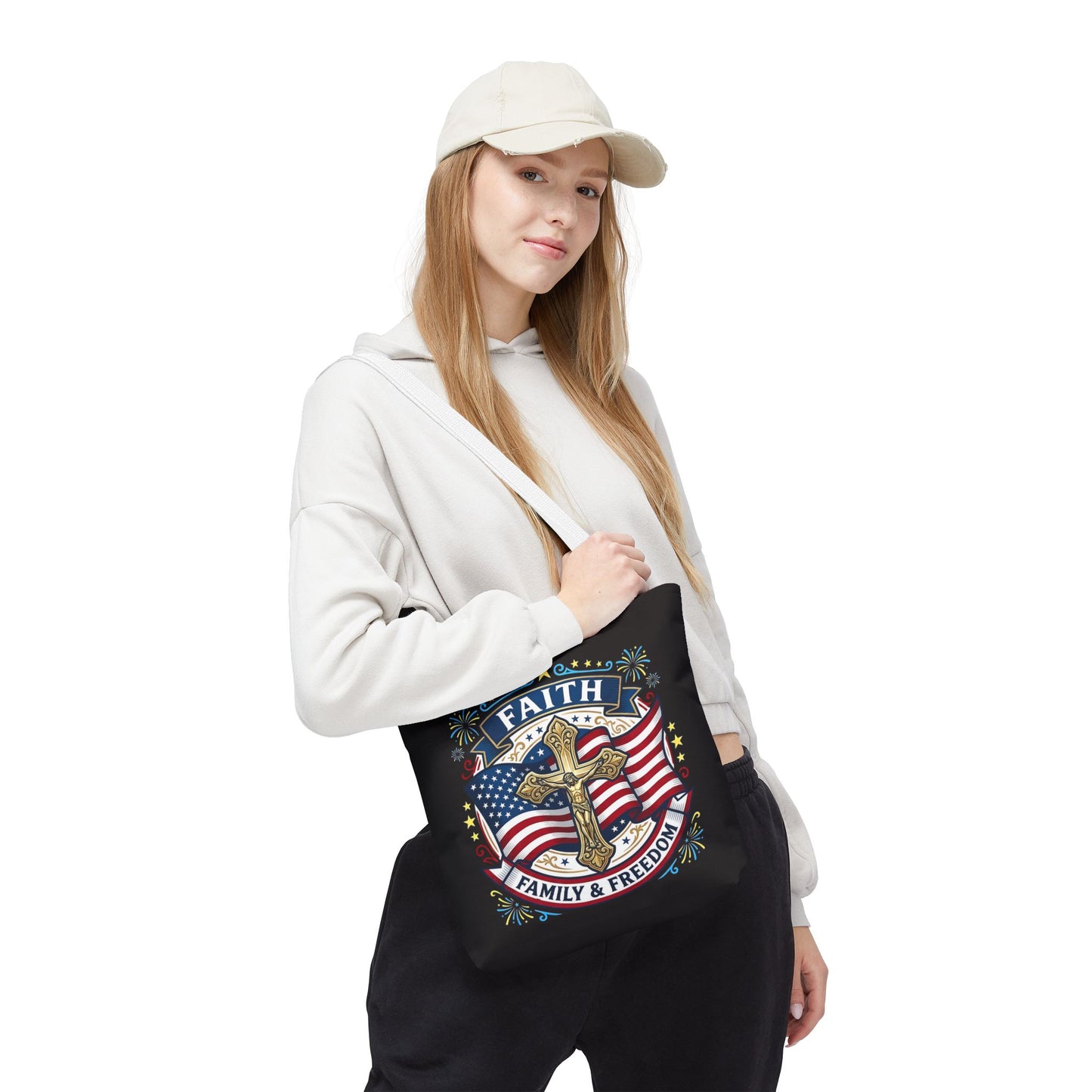 Faith, Family & Freedom Cross Bag — Patriotic American Flag Canvas Tote (USA 250th)