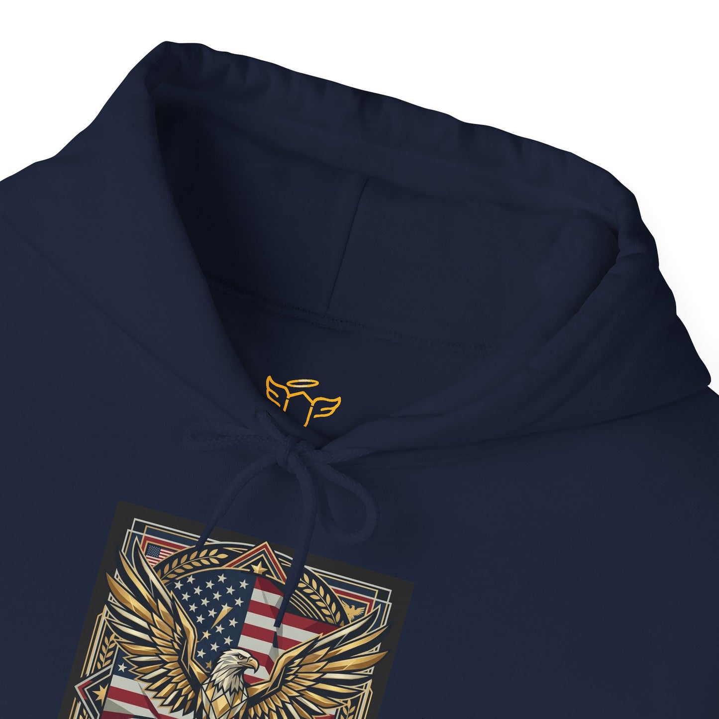 Navy blue hoodie with eagle and American flag design on a white background
