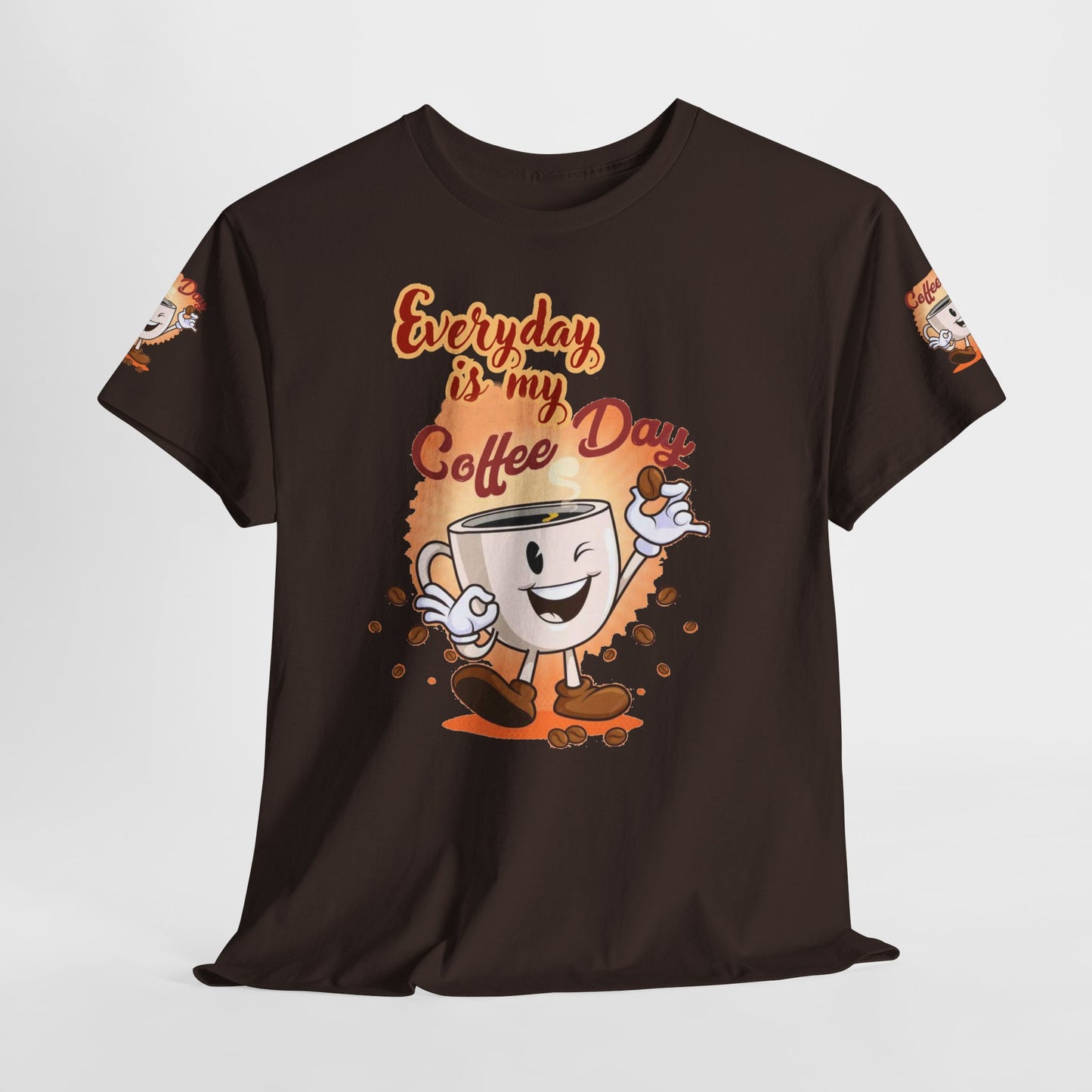 Coffee Lovers Cotton Tee - Every Day is My Coffee day , Brown t-shirt with a cartoon coffee cup and text 'Everyday is my Coffee Day' on a white background