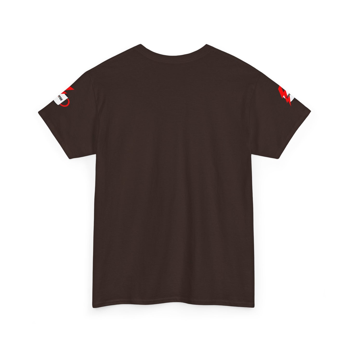 Coffee Lovers Cotton T-shirt - Powered by Coffee. Brown t-shirt with red and white accents on a white background