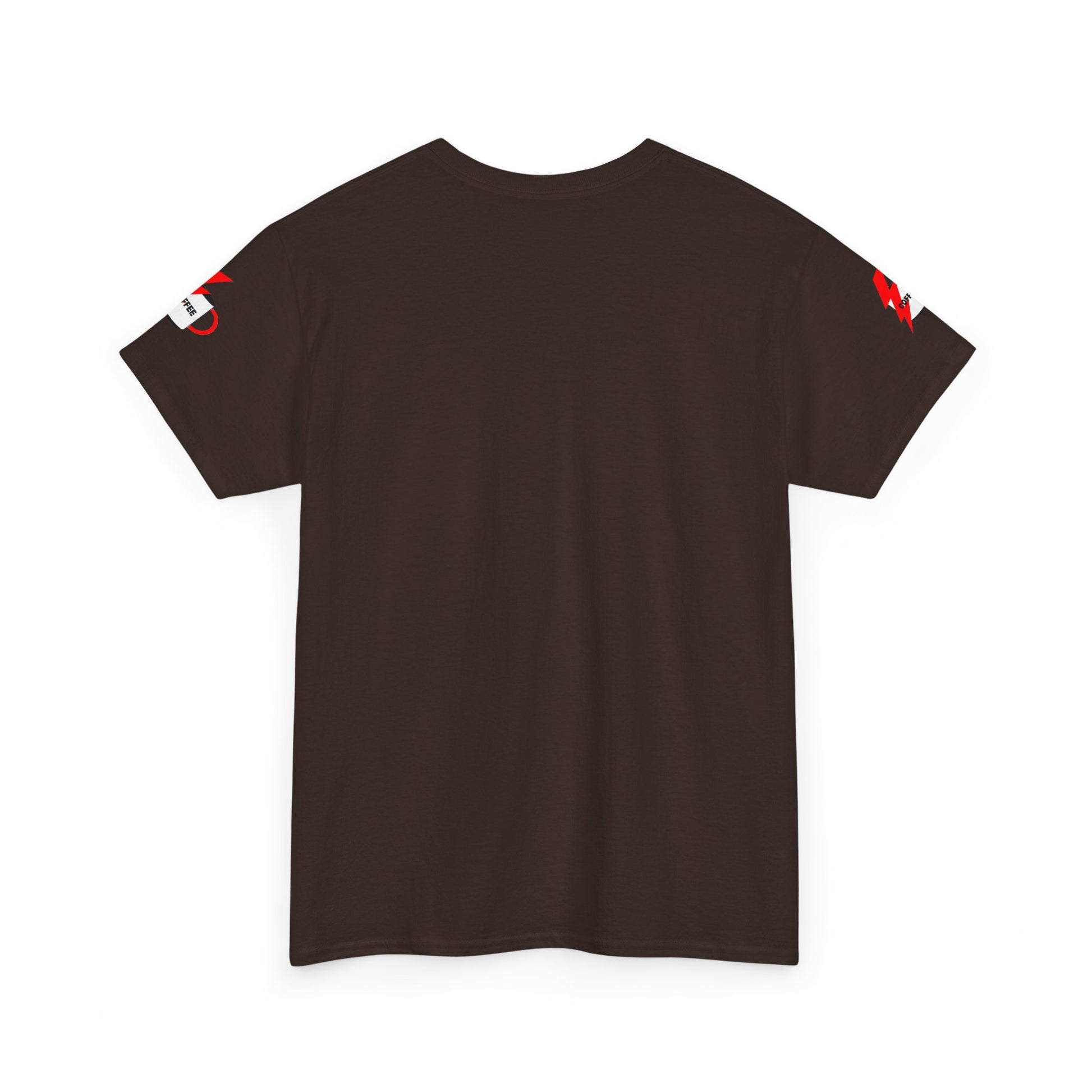 Coffee Lovers Cotton T-shirt - Powered by Coffee. Brown t-shirt with red and white accents on a white background