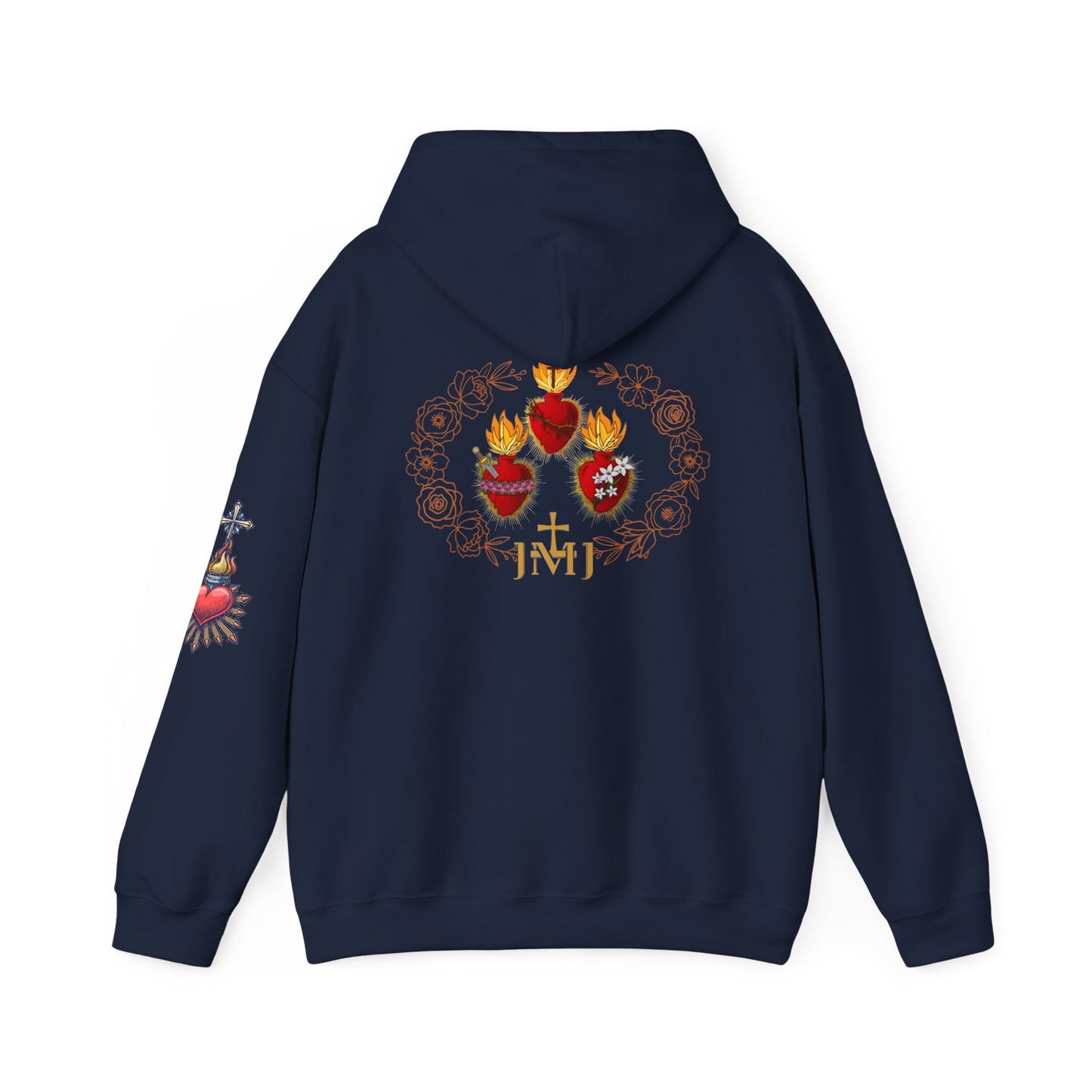 Sacred Hearts Hoodie — Three Flaming Hearts J.M.J. Devotional Sweatshirt (CT)