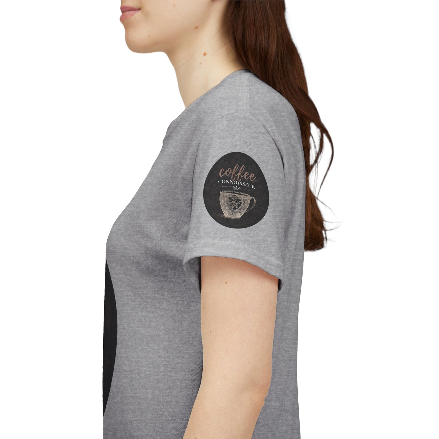 COFFEE LOVERS COTTON TEES For Connoisseurs, Person wearing a gray t-shirt with a circular logo on the sleeve against a white background