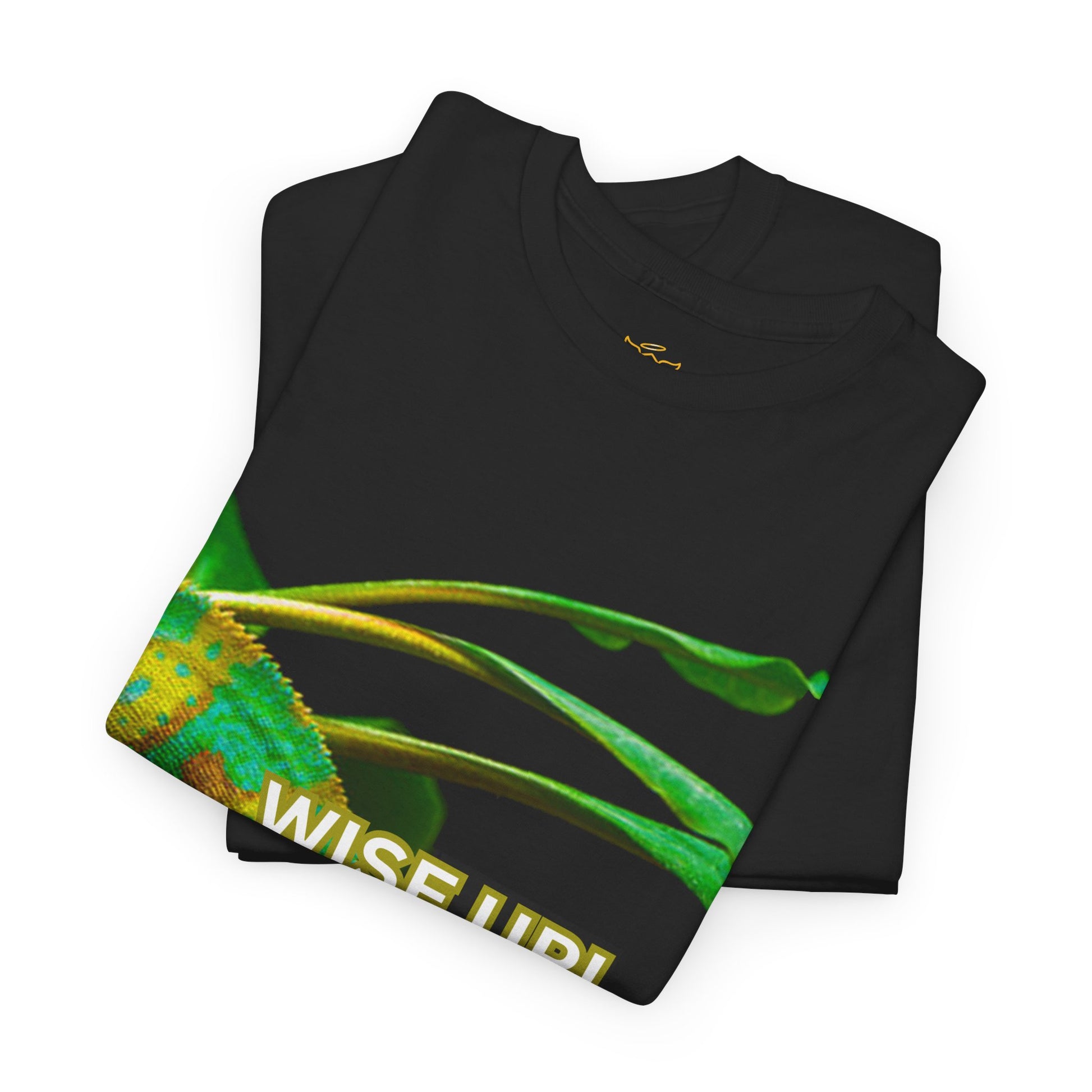 Wise Up Adapt! Motivational T-shirt — 'Wise Up! Stay Sharp!' Graphic Novelty Tee, Black t-shirt with green chameleon graphic and 'WISE UP!' text on a white background
