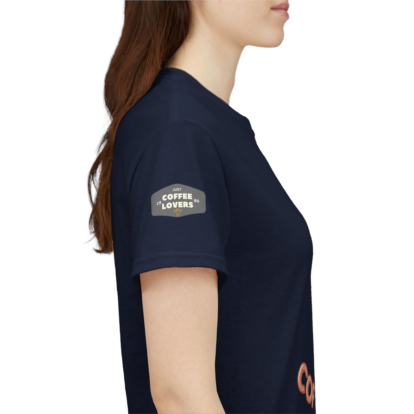 COFFEE LOVERS COTTON TEE for Dog Lovers. Navy blue t-shirt with 'Coffee Lovers' patch on a white background