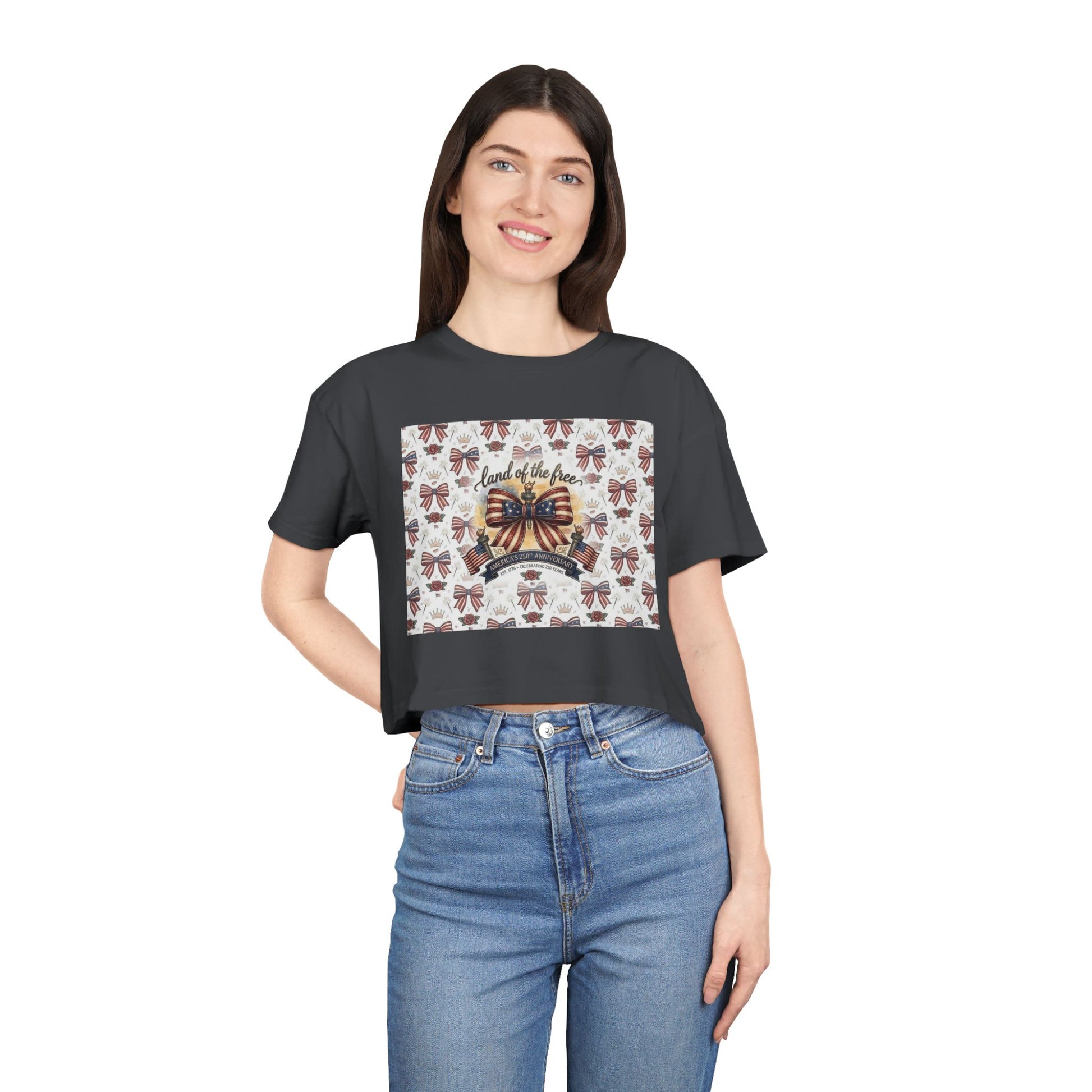 USA 250th ANNIVERSARY Women’s Crop Tee — Patriotic "Land of the Free" Women’s Crop Tee - Trending Novelties & Gifts
