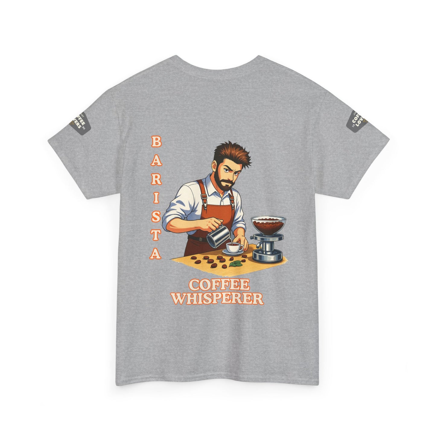 Coffee Lovers Cotton Tee for Male Barista,  Gray t-shirt with a graphic of a barista and text on the back