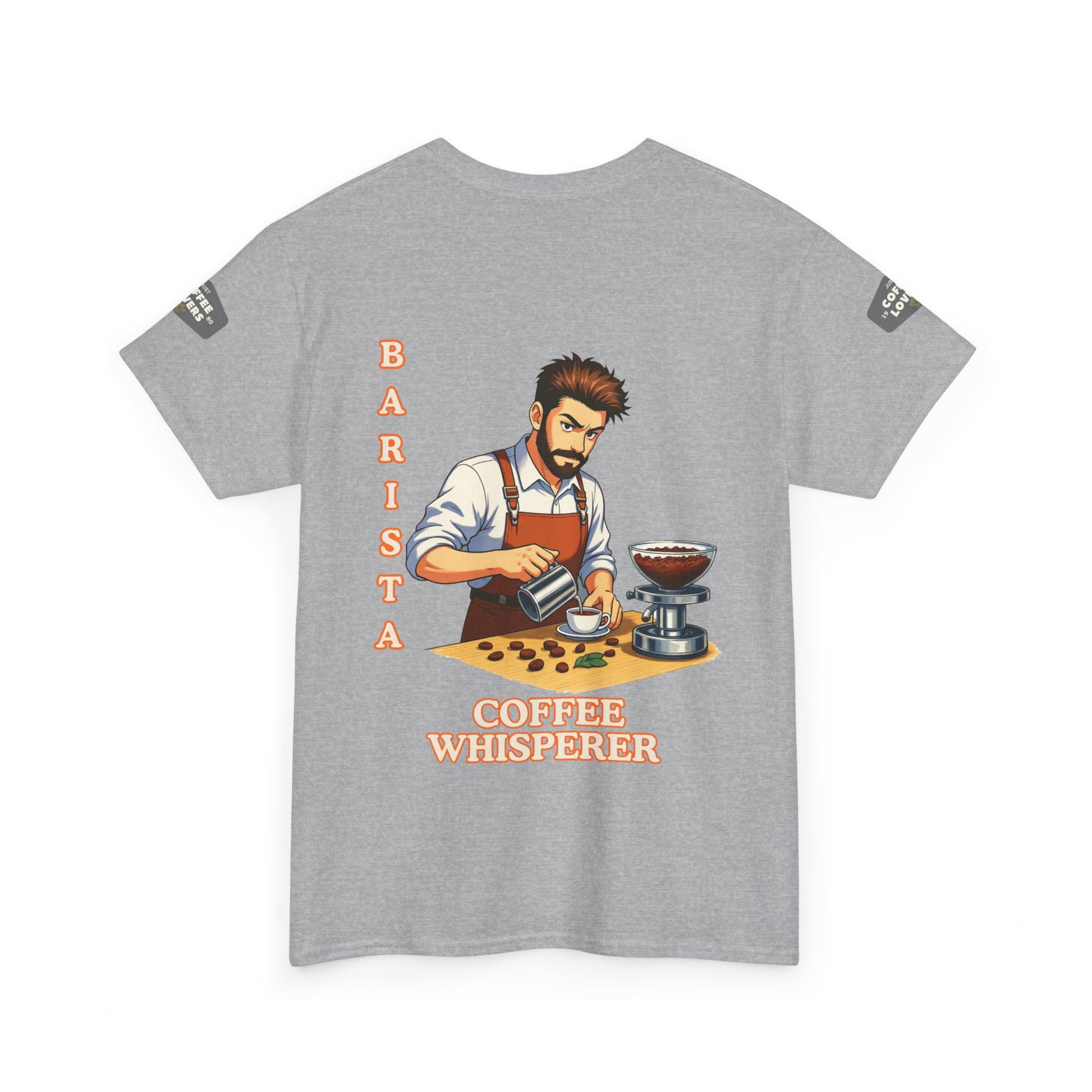 Coffee Lovers Cotton Tee for Male Barista,  Gray t-shirt with a graphic of a barista and text on the back