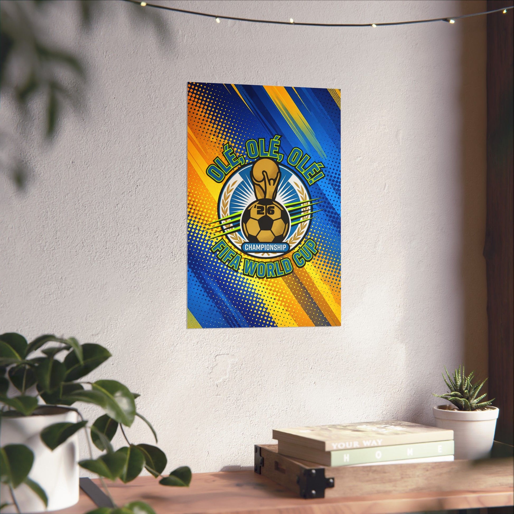 Colorful poster with a soccer ball design on a white wall above a wooden desk with plants.