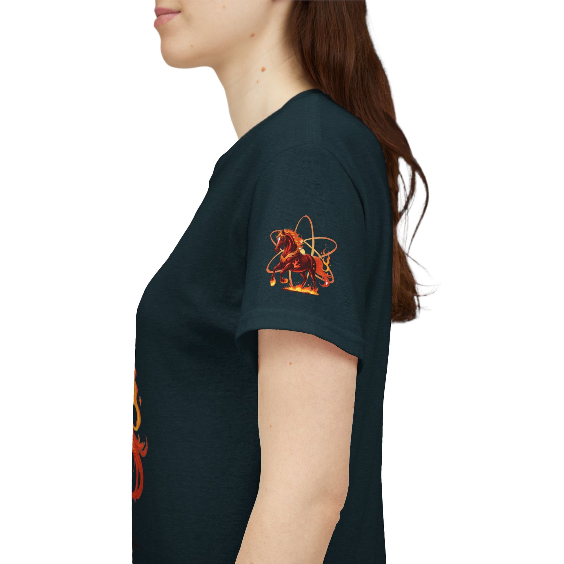 Lunar New Year Fiery Horse Novelty T-Shirt, Person wearing a black t-shirt with a colorful design on the sleeve against a white background