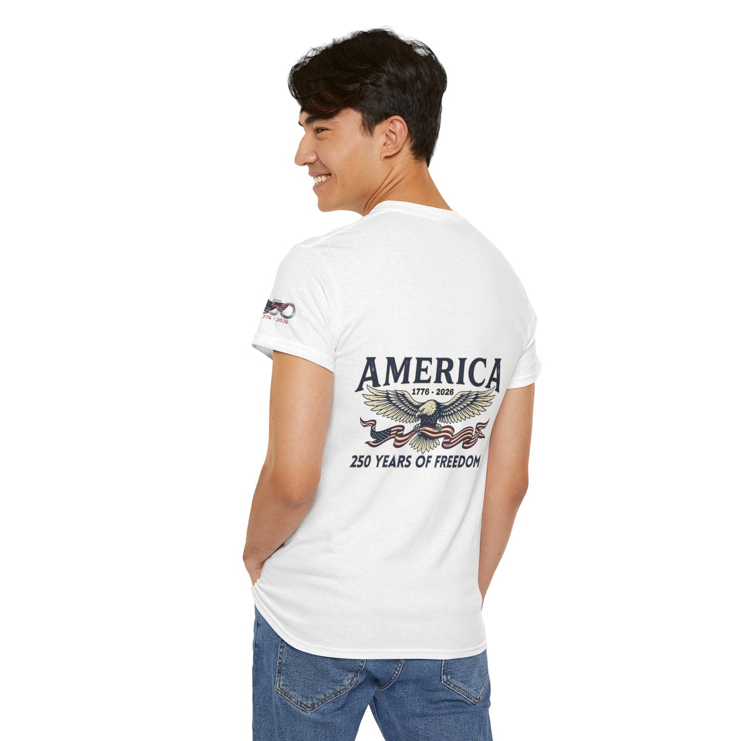 America 250 Years of Freedom T-Shirt — USA 250th ANNIVERSARY T-shirt,Person wearing a white t-shirt with 'America' and eagle design on a white background