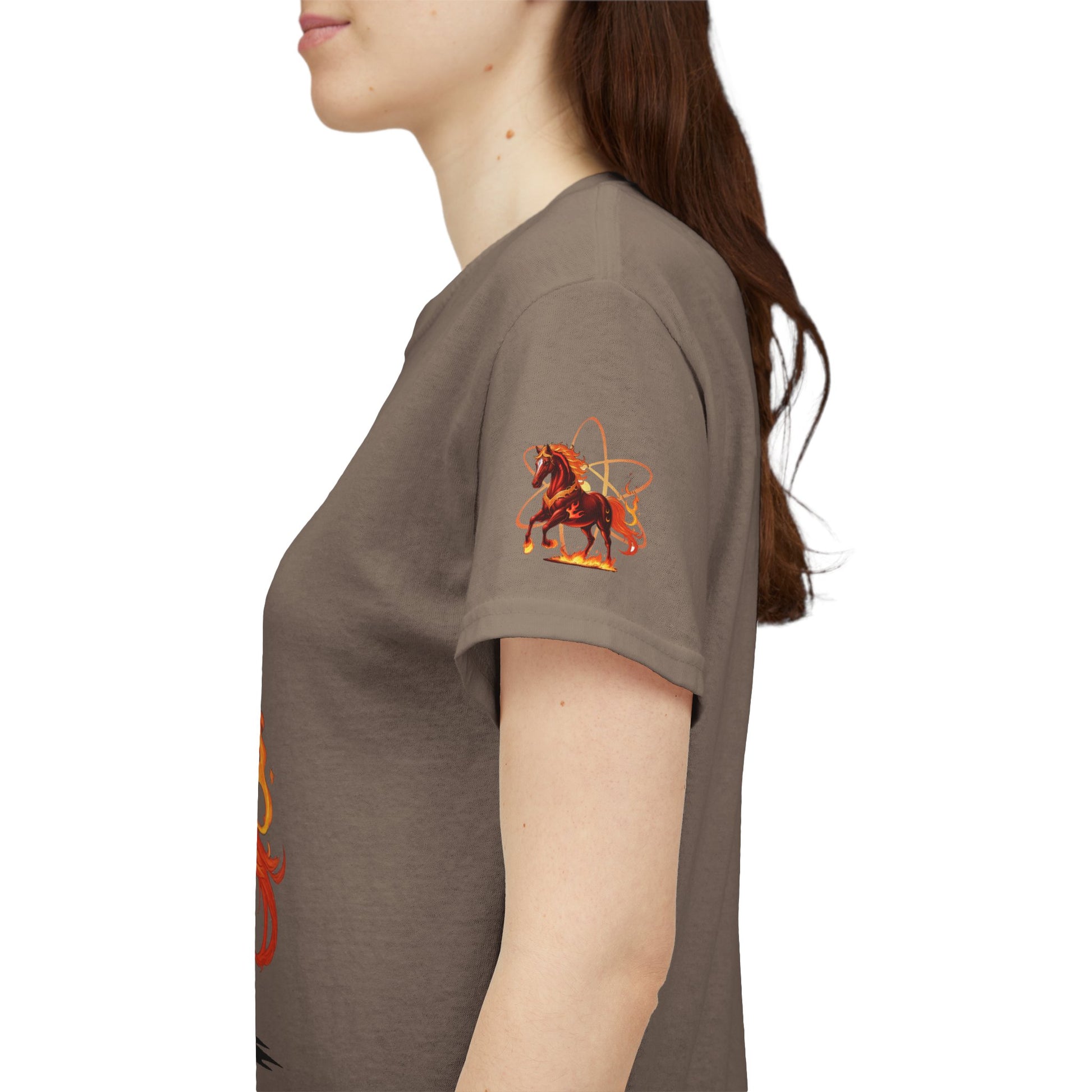 Lunar New Year Fiery Horse Novelty T-Shirt, Person wearing a brown t-shirt with a graphic design on the sleeve
