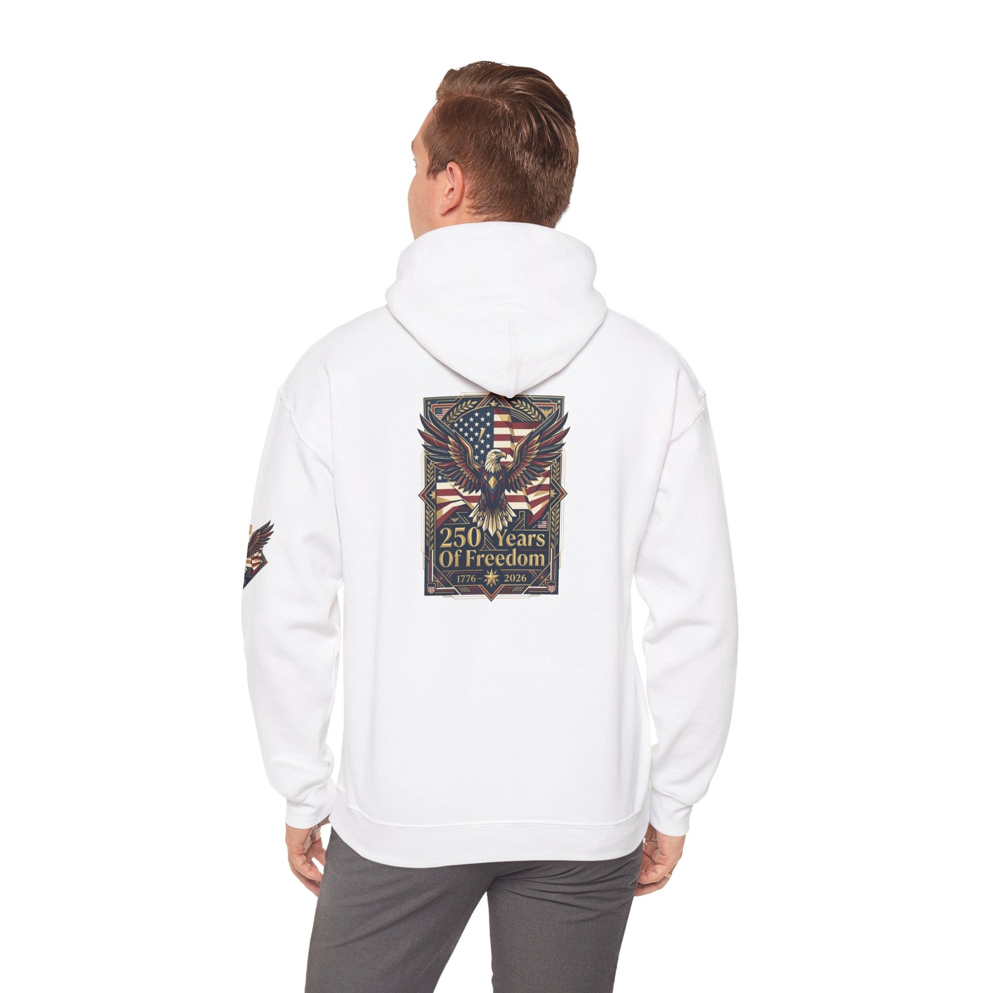 Person wearing a white hoodie of the America 250 Years of Freedom Hoodie — USA 250th ANNIVERSARY Patriotic Hoodie