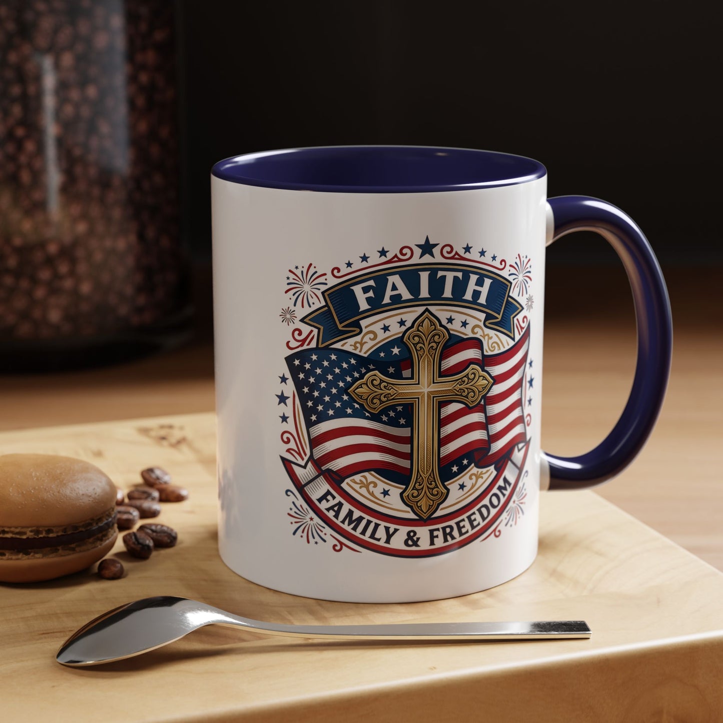 Faith, Family & Freedom Accent Coffee Mug — Patriotic Cross Mug  (USA 250th)