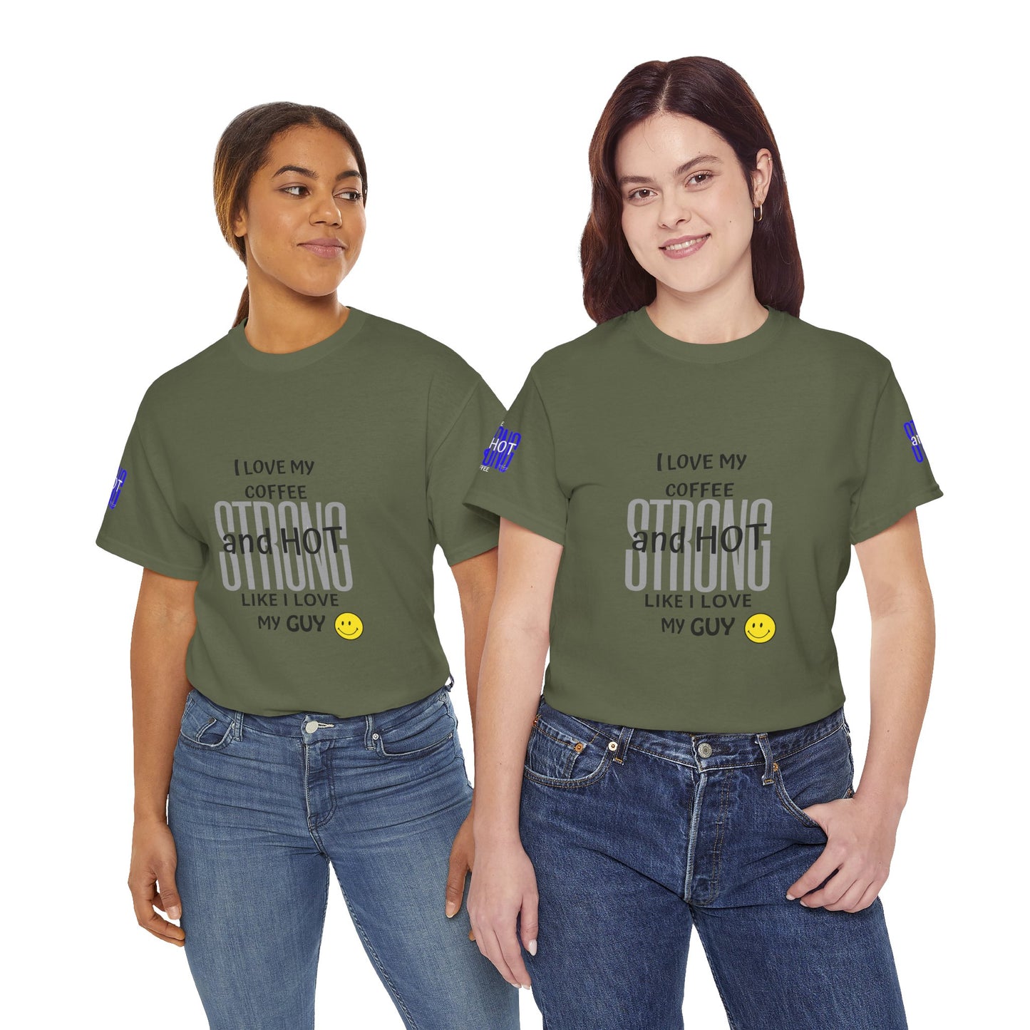 Coffee Lover Heavy Cotton Tee - I Love My Coffee Strong and Hot, Two people wearing green t-shirts with text and a smiley face on a white background