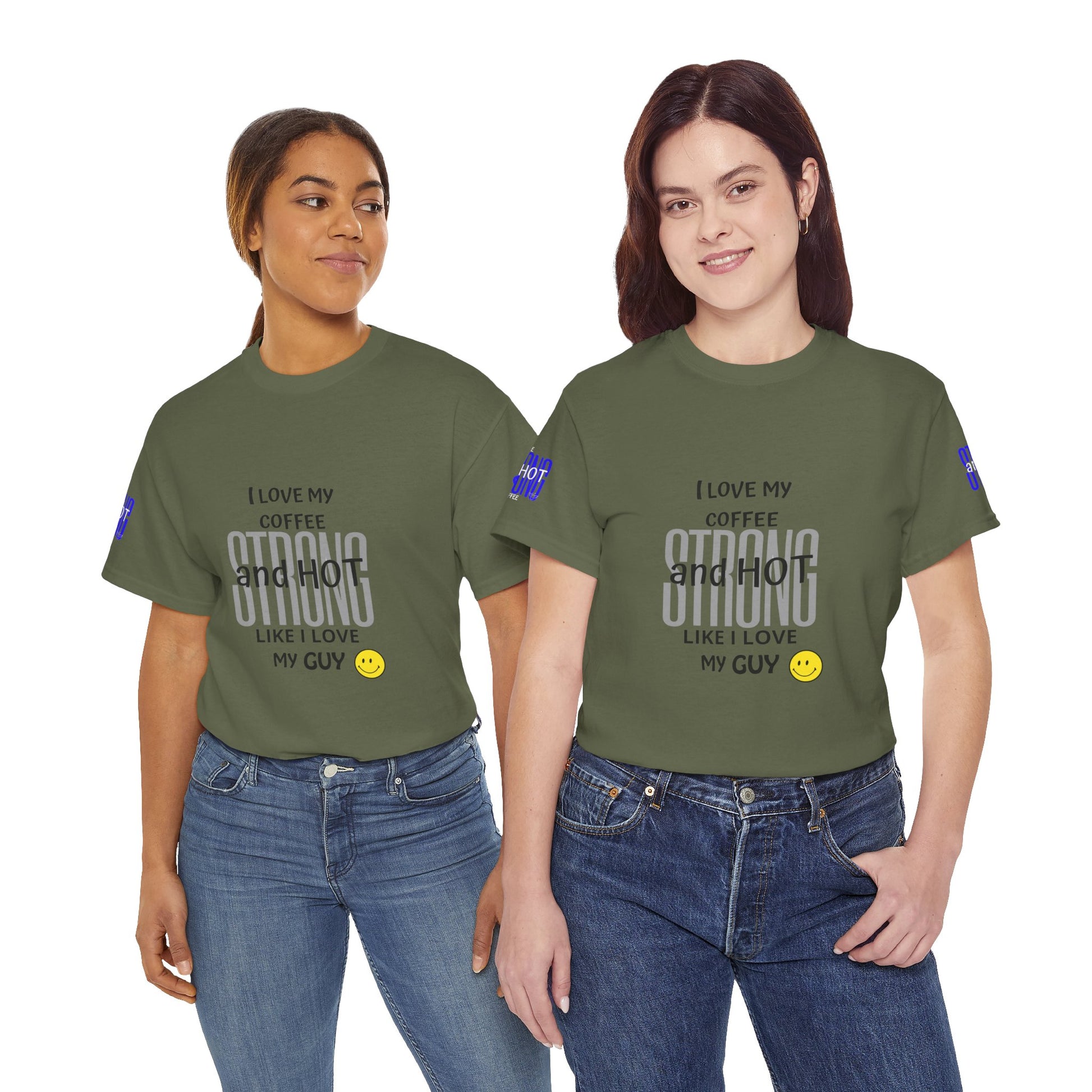 Coffee Lover Heavy Cotton Tee - I Love My Coffee Strong and Hot, Two people wearing green t-shirts with text and a smiley face on a white background