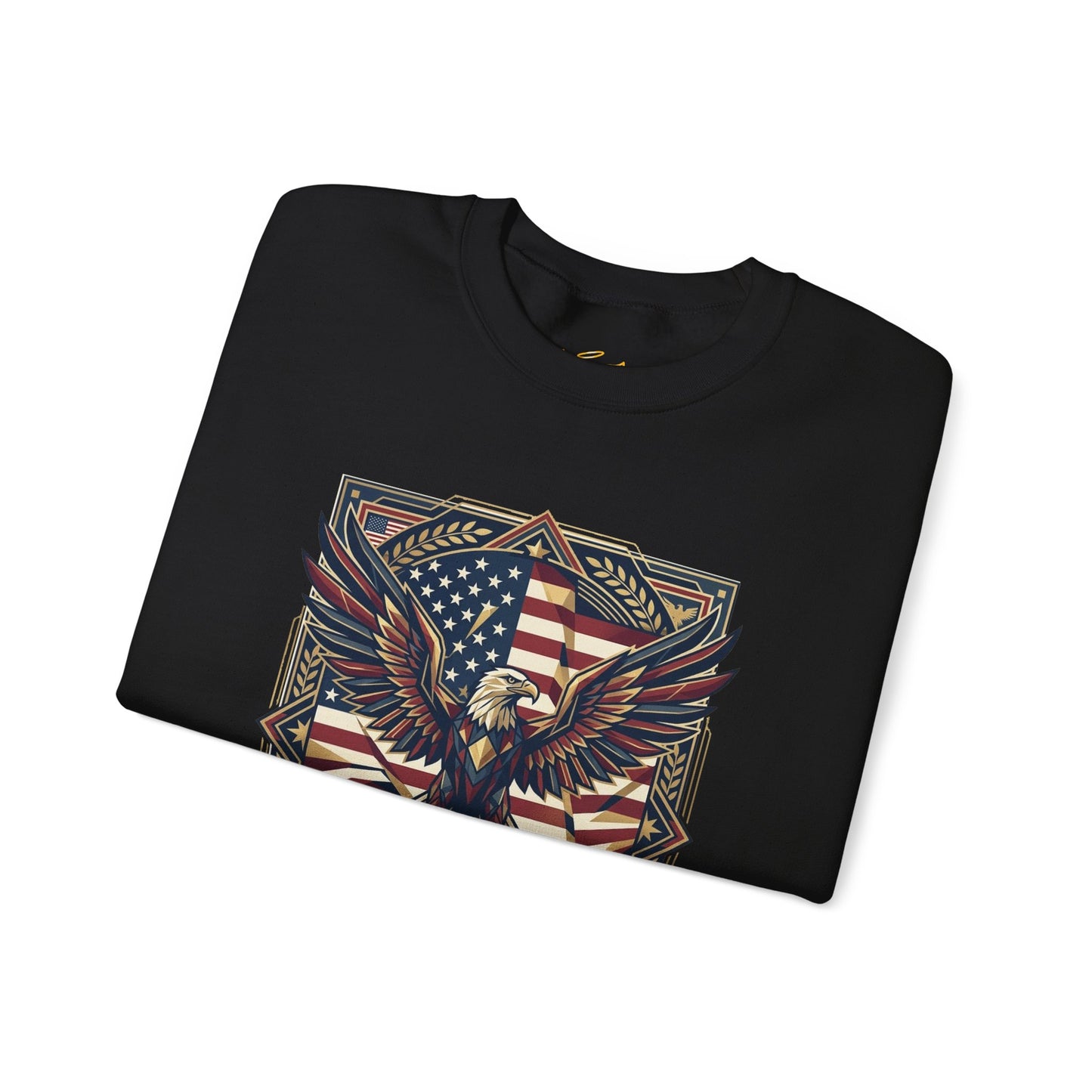 USA 250th ANNIVERSARY Crewneck Sweatshirt , Black sweatshirt with an eagle and American flag design on a white background