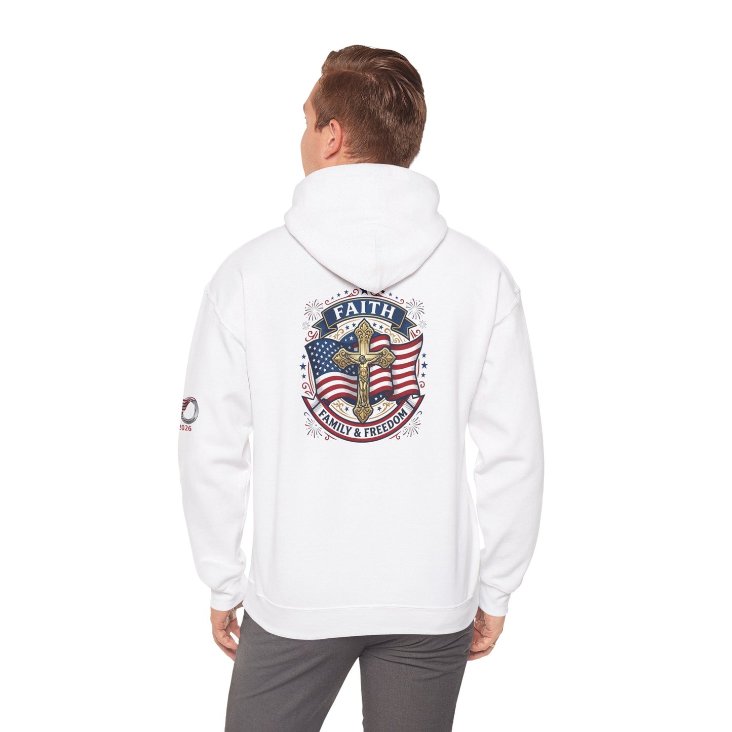 Catholic Faith, Family & Freedom Hoodie - Patriotic American Flag Cross Pullover (USA 250th)