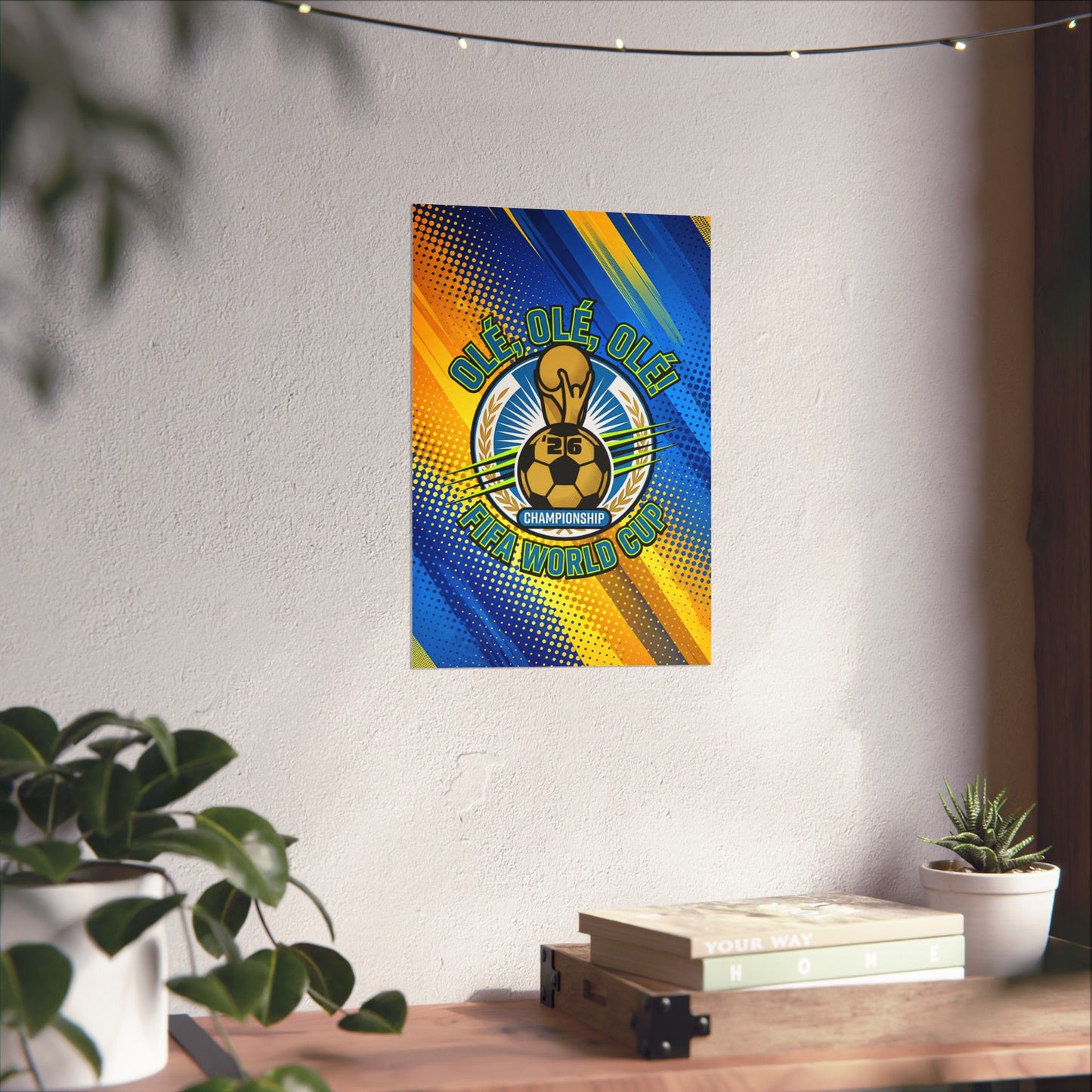 Colorful poster with a soccer ball design on a white wall above a wooden desk.
