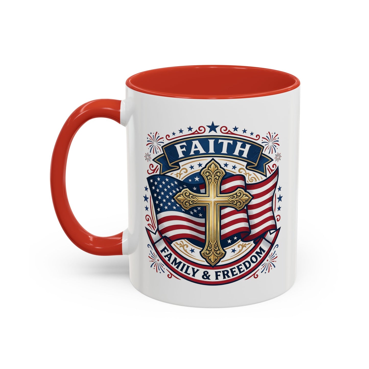 Faith, Family & Freedom Accent Coffee Mug — Patriotic Cross Mug  (USA 250th)