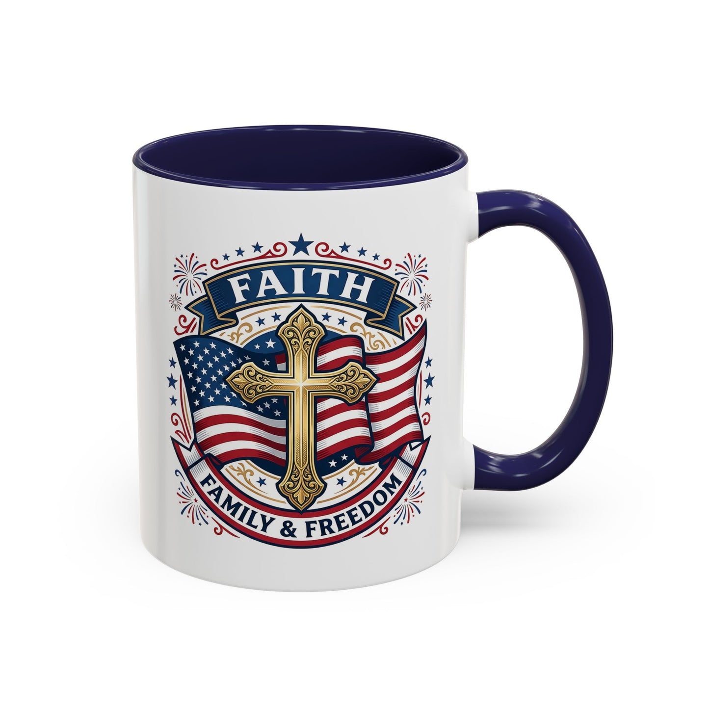 Faith, Family & Freedom Accent Coffee Mug — Patriotic Cross Mug  (USA 250th)