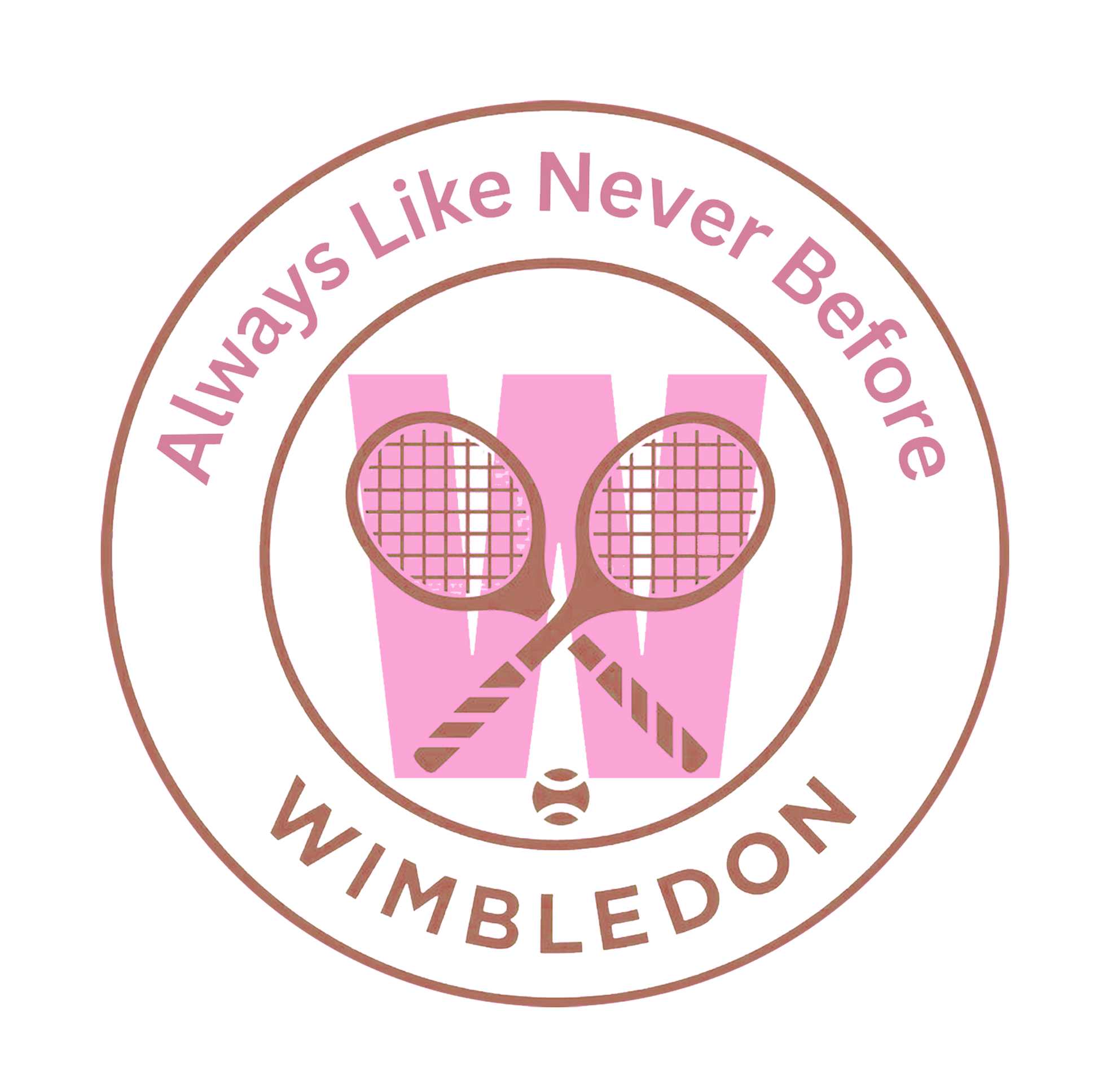 Logo with tennis rackets, pink dress, and text 'Always Like Never Before Wimbledon' on a white background