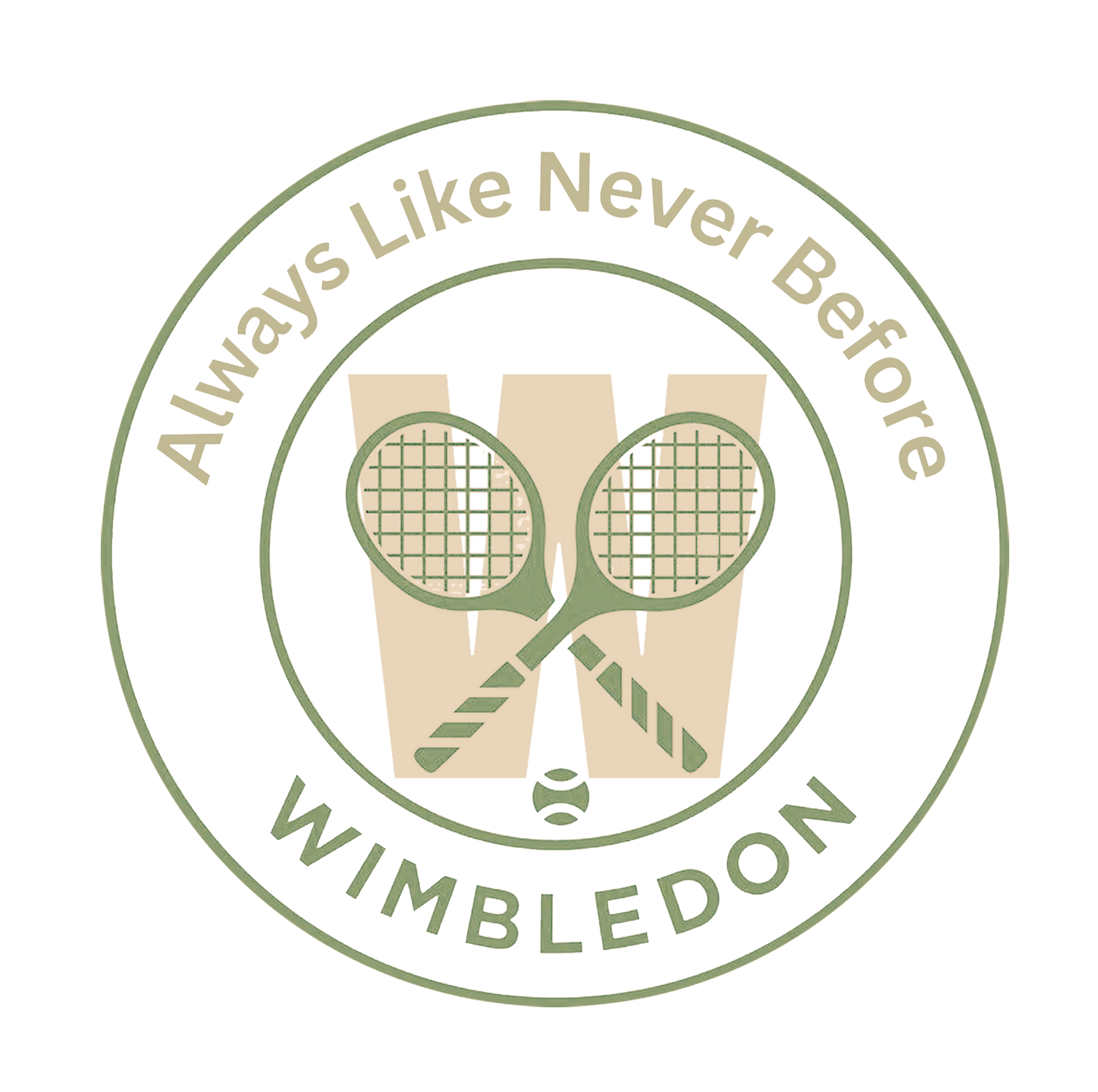 Logo with crossed tennis rackets, a ball, and text 'Always Like Never Before Wimbledon' on a white background.