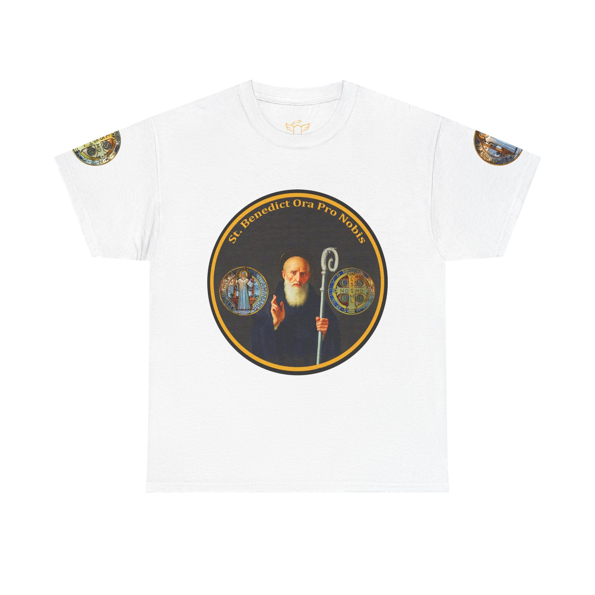 Saint Benedict Medal Unisex T-shirt, White t-shirt with a circular design featuring a religious figure and text on a white background