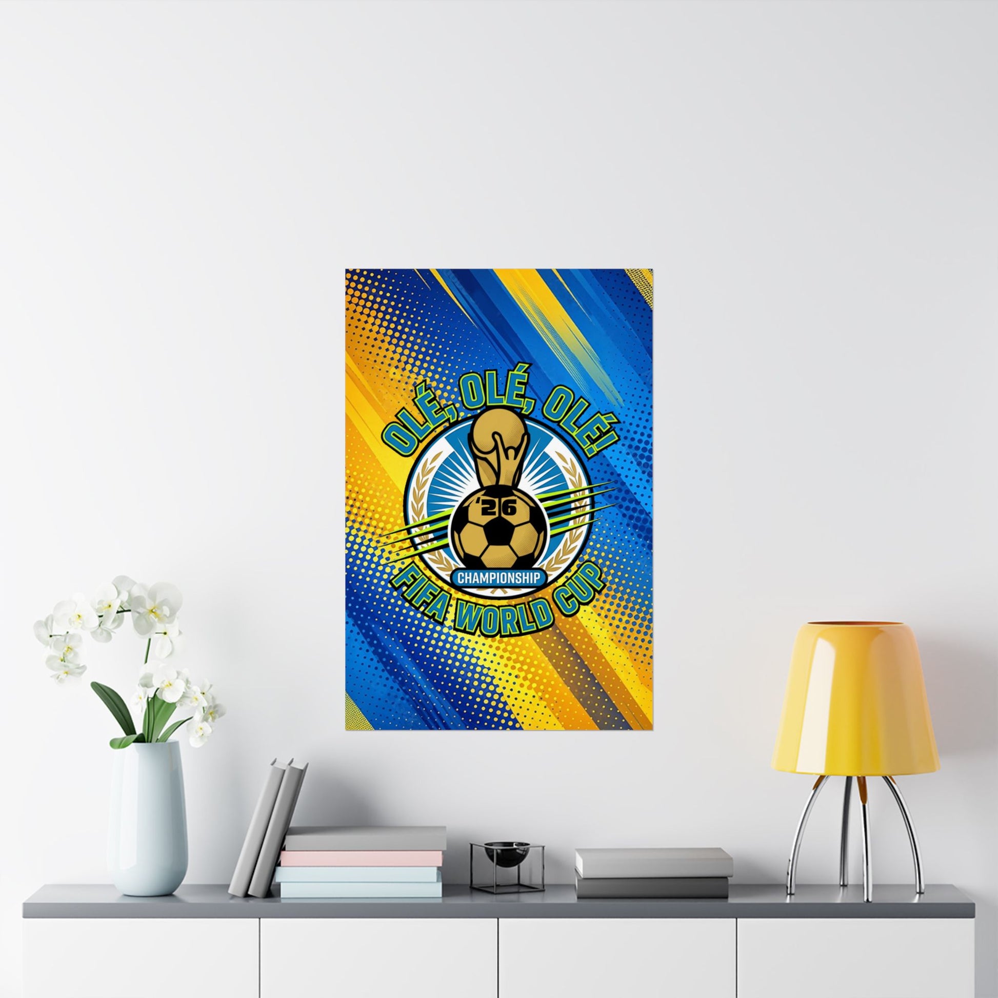 Framed poster with a soccer design on a wall above a shelf with decor items.