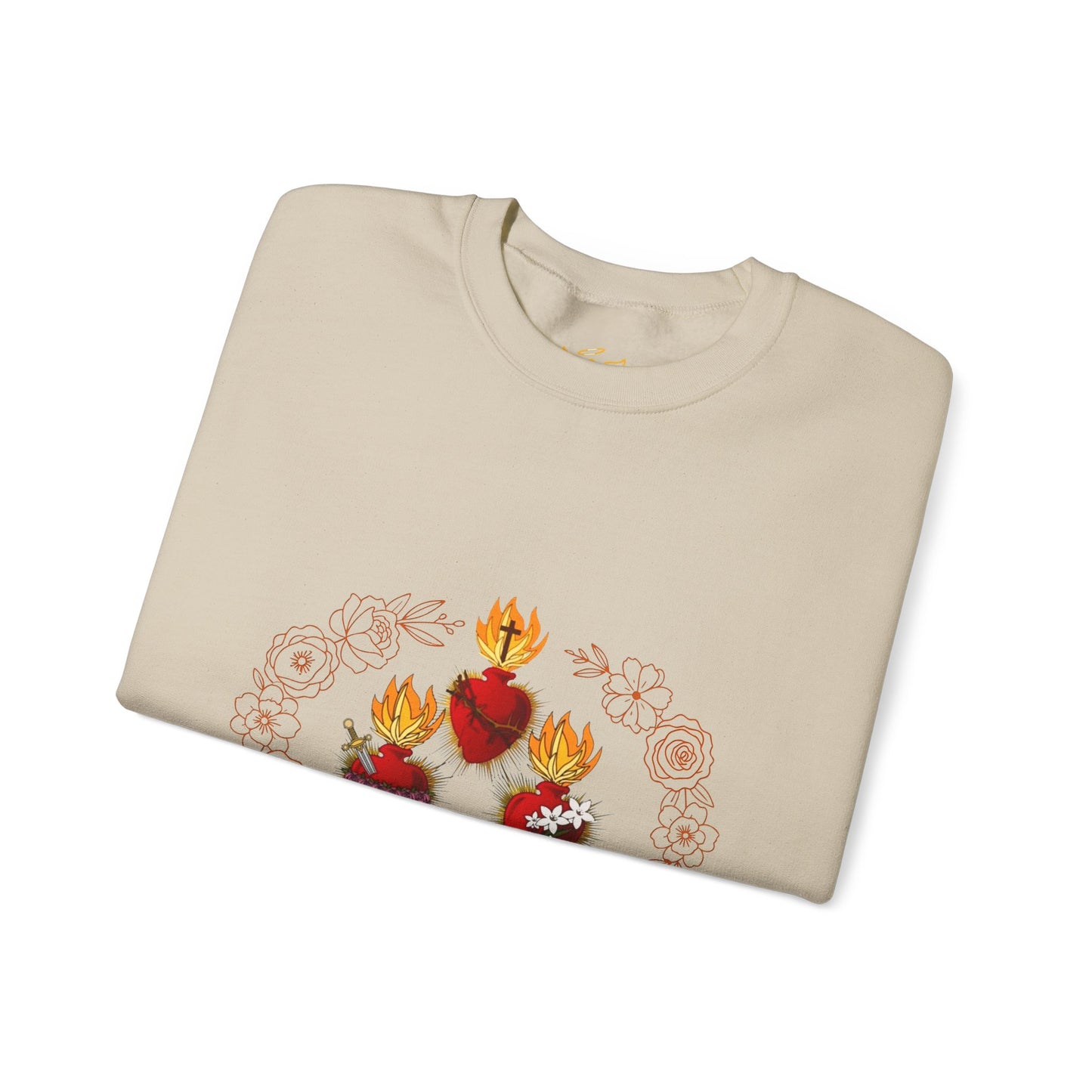 Sacred Hearts Crewneck Sweatshirt — Three Flaming Hearts with JMJ Cross (CT)