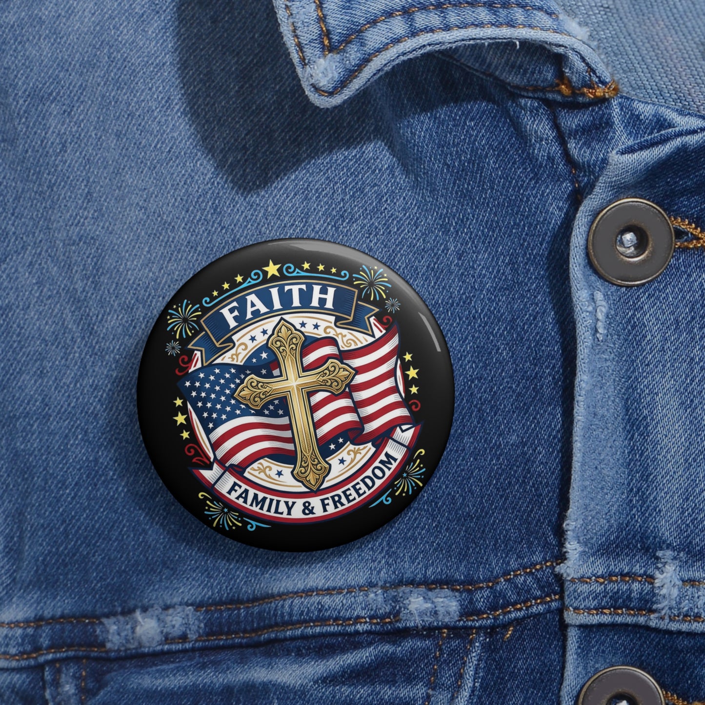 Faith, Family & Freedom Pin Button — American Flag Cross Patriotic Lapel Pin (USA 250th)