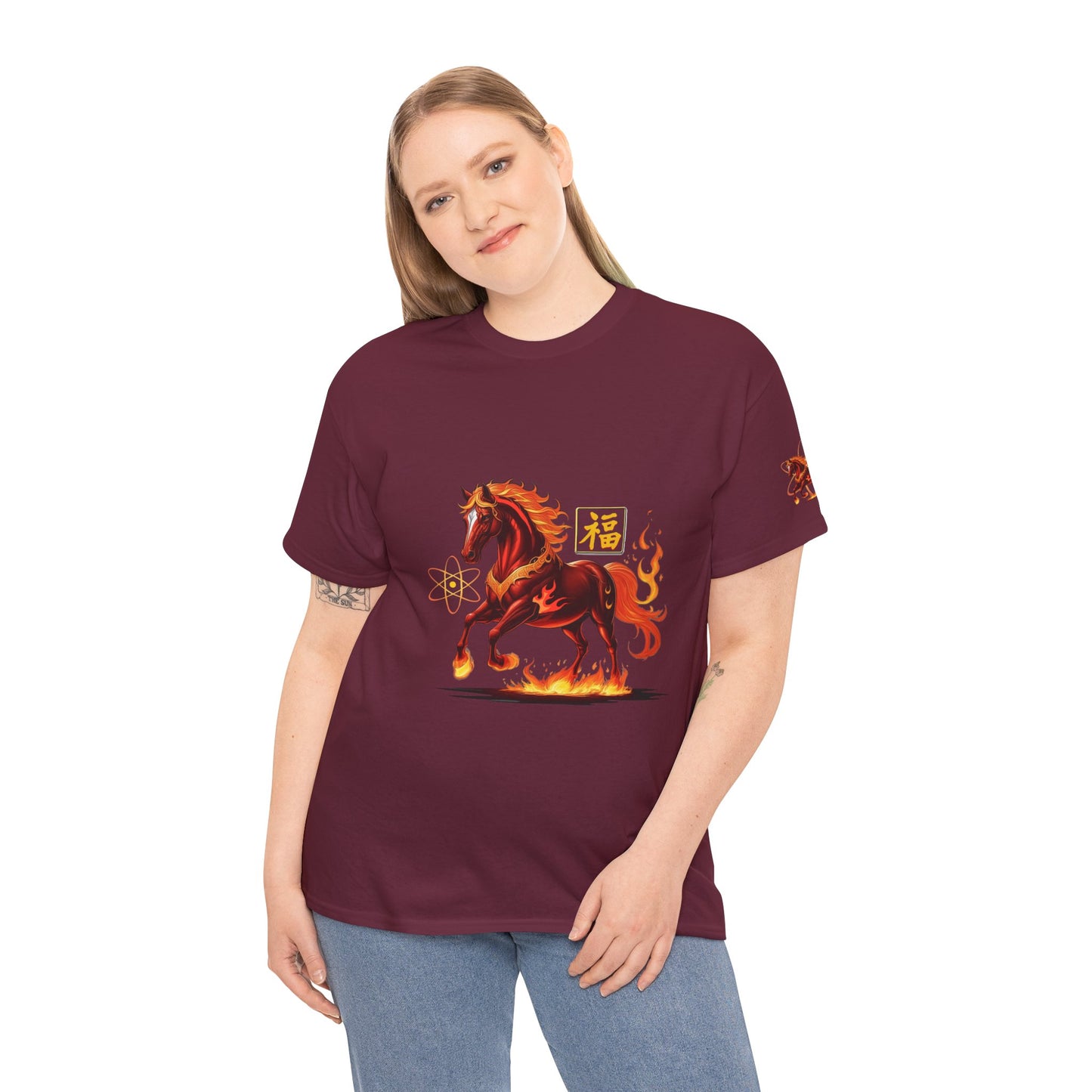 Lunar New Year Fiery Horse Novelty T-Shirt, Person wearing a maroon t-shirt with a horse design on a white background