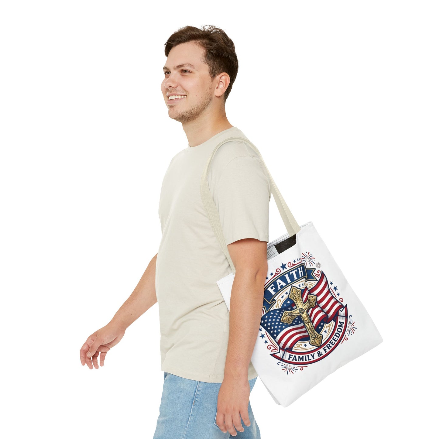 Faith, Family & Freedom Tote Bag — Patriotic Cross American Flag Tote (USA 250th)