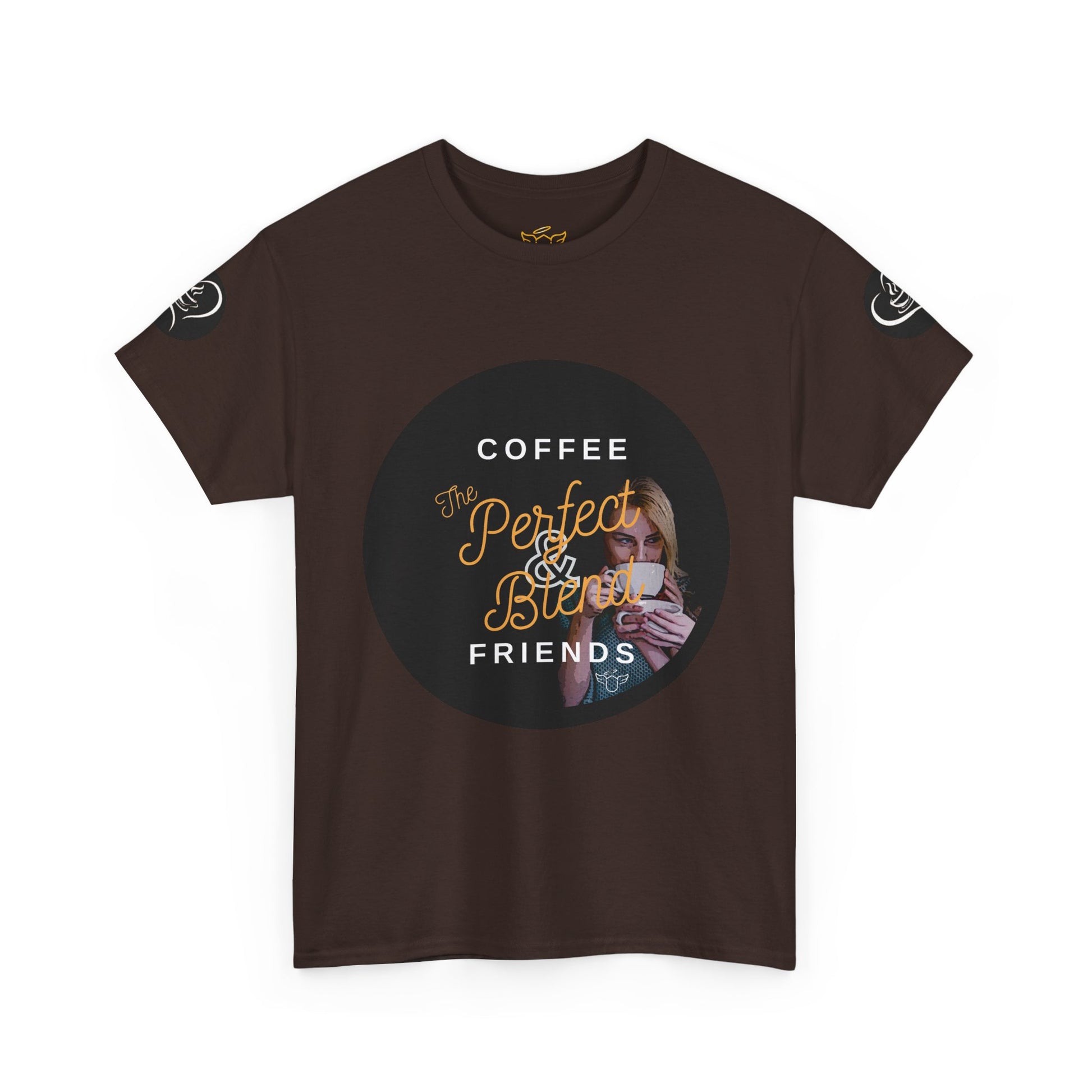 Coffee Lovers Ladies Tee - COFFEE and FRIENDS the Perfect Blend, Brown t-shirt with graphic design featuring text and a person holding a coffee cup on a white background