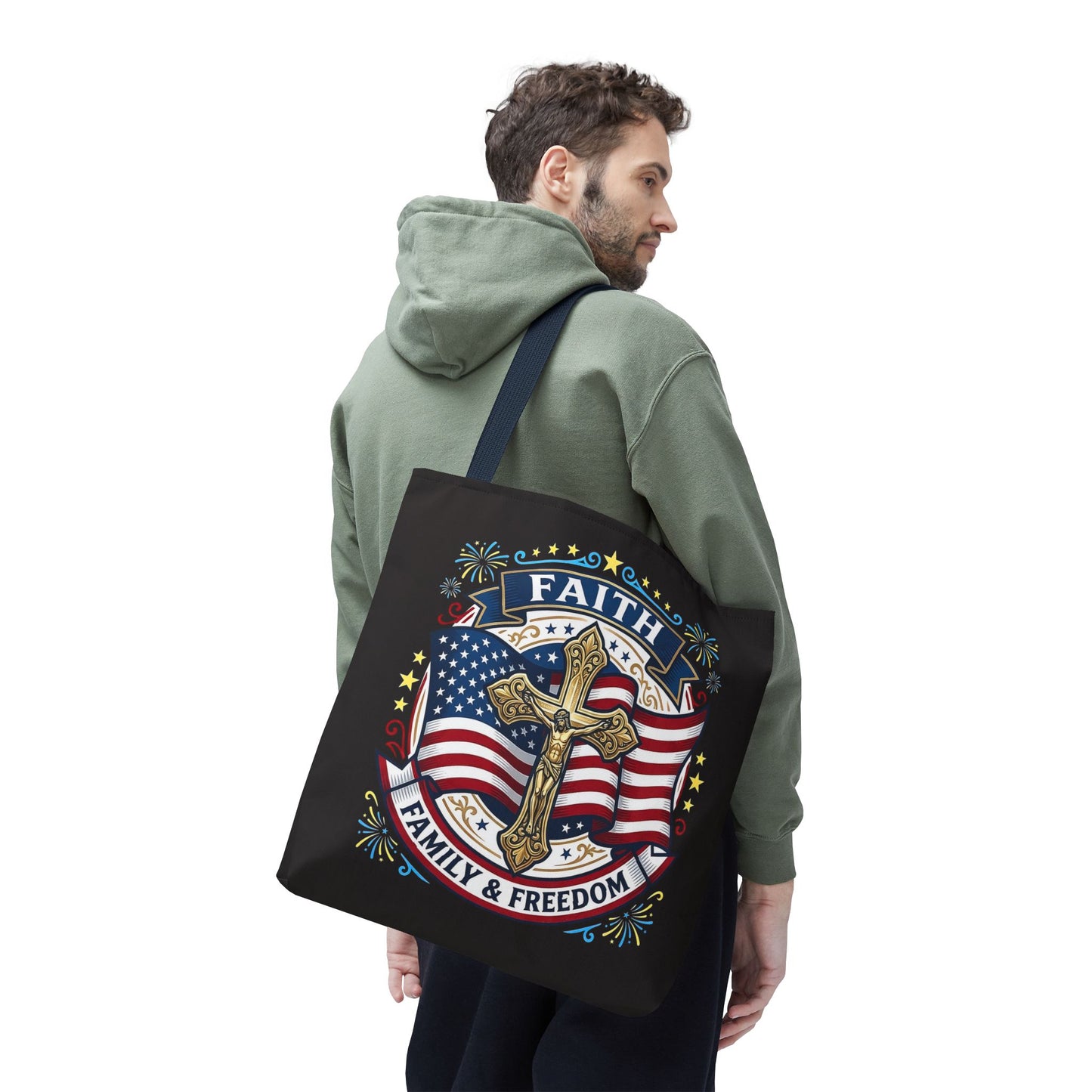 Faith, Family & Freedom Cross Bag — Patriotic American Flag Canvas Tote (USA 250th)