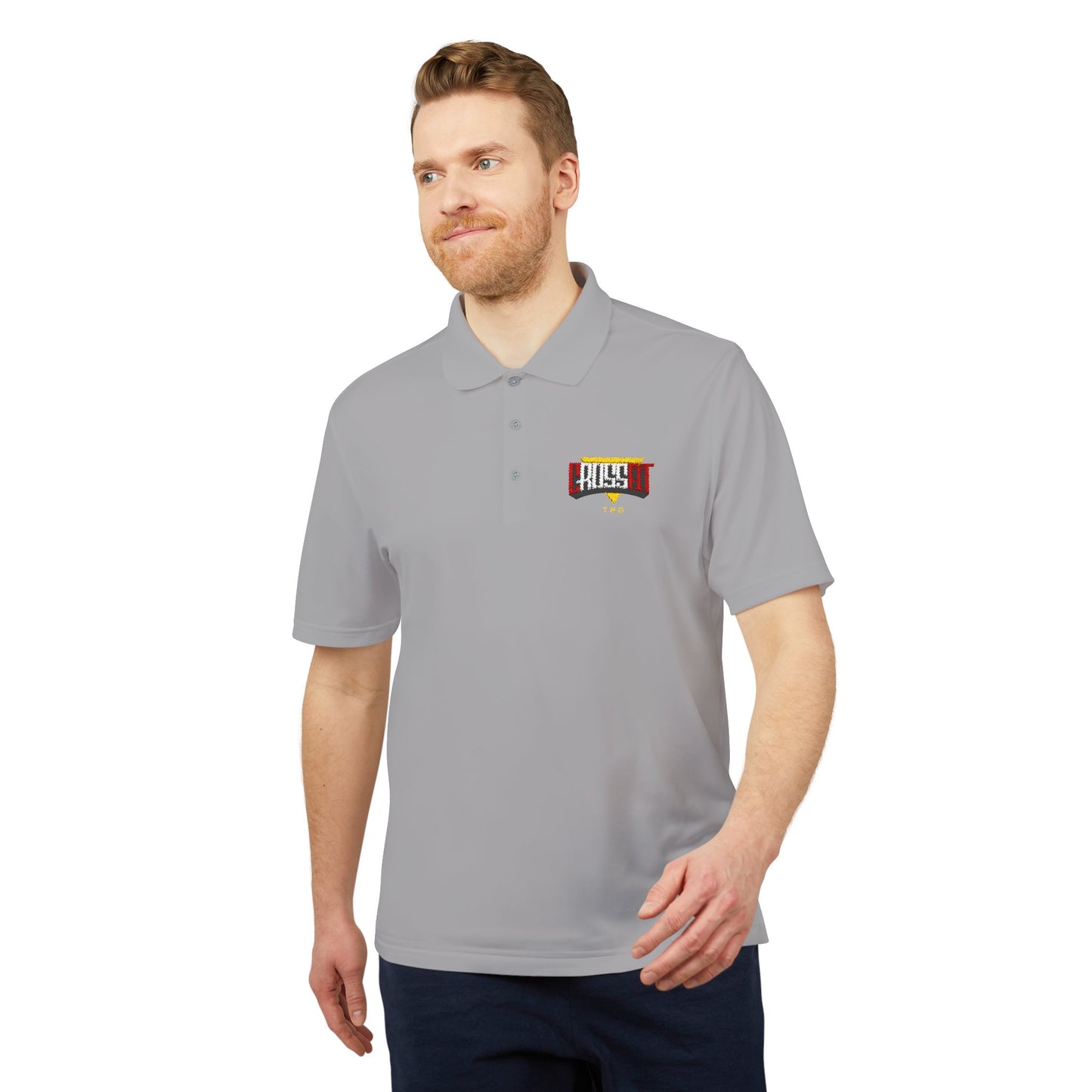 Adidas Sports Polo Shirt for CrossFit Enthusiasts, Man wearing a gray polo shirt with a logo on a white background