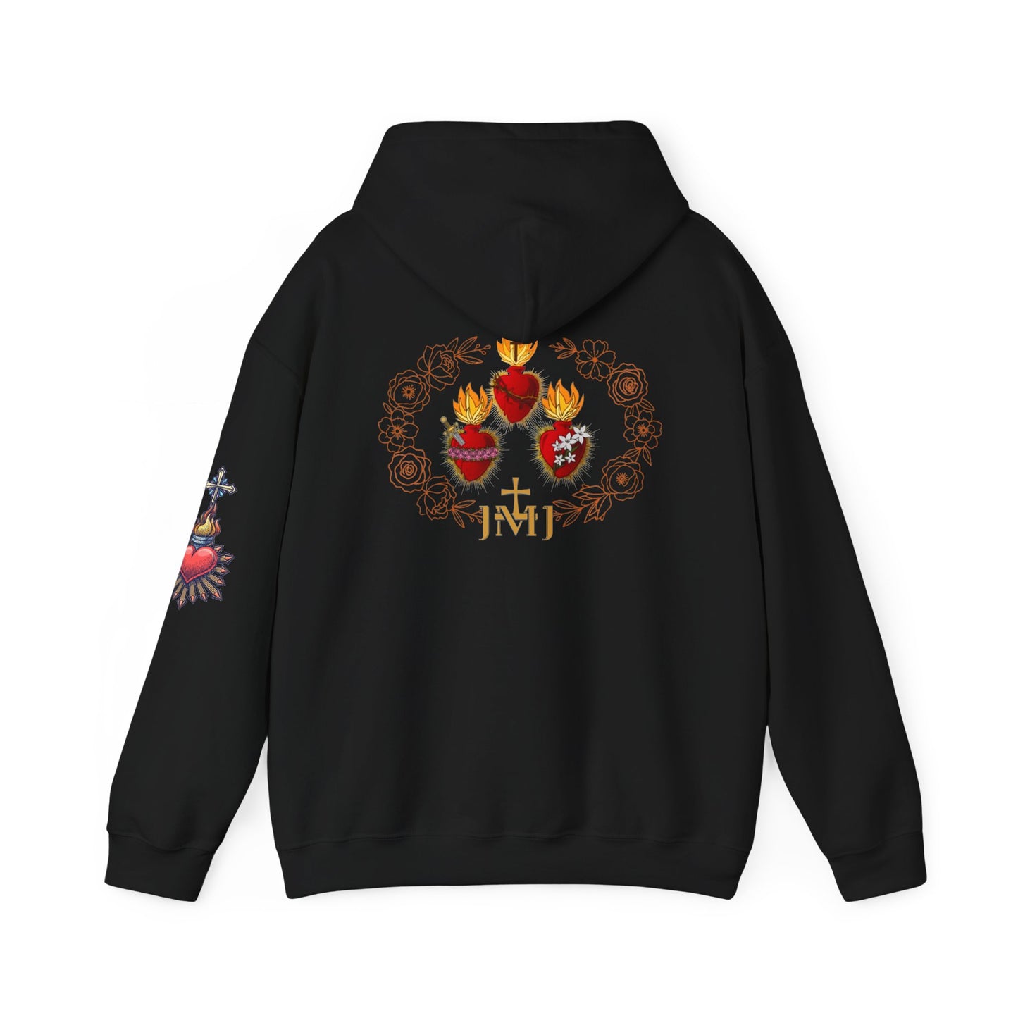 Sacred Hearts Hoodie — Three Flaming Hearts J.M.J. Devotional Sweatshirt (CT)