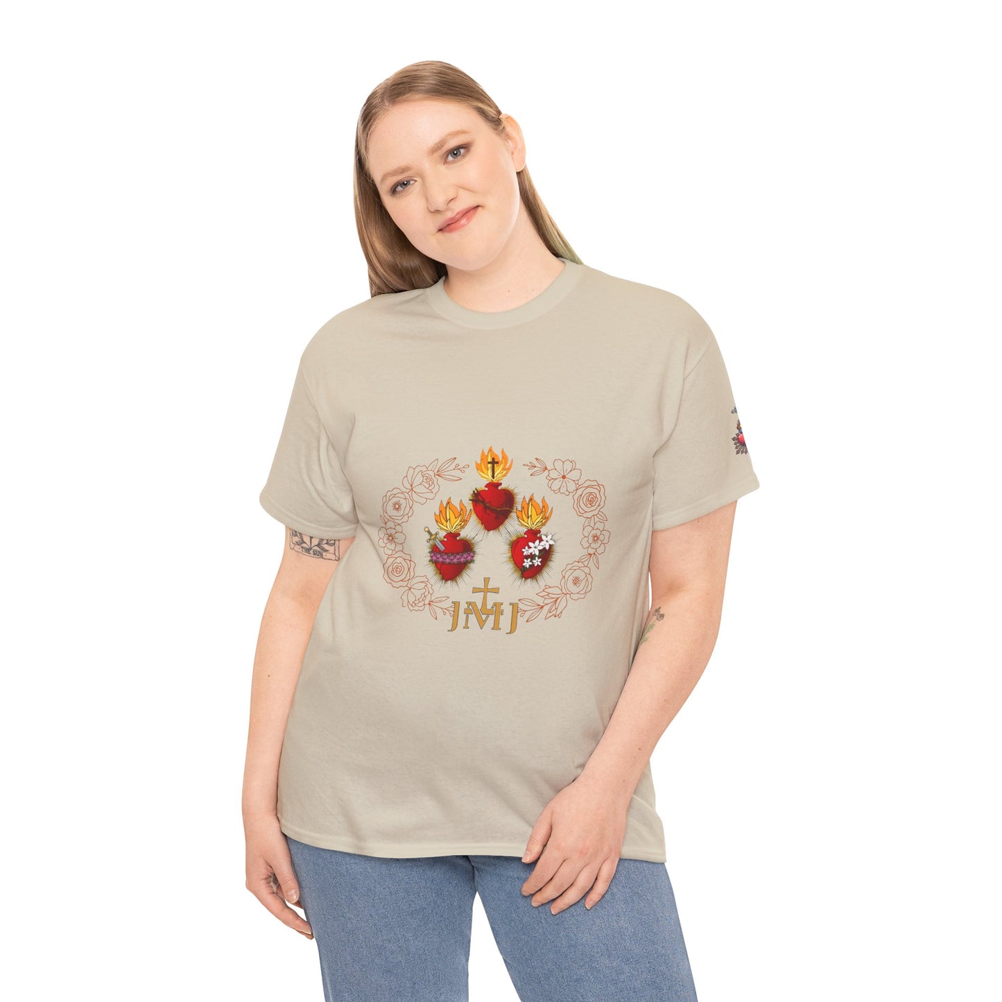 Sacred Hearts Tee — Three Flaming Hearts with JMJ Cross (CT)