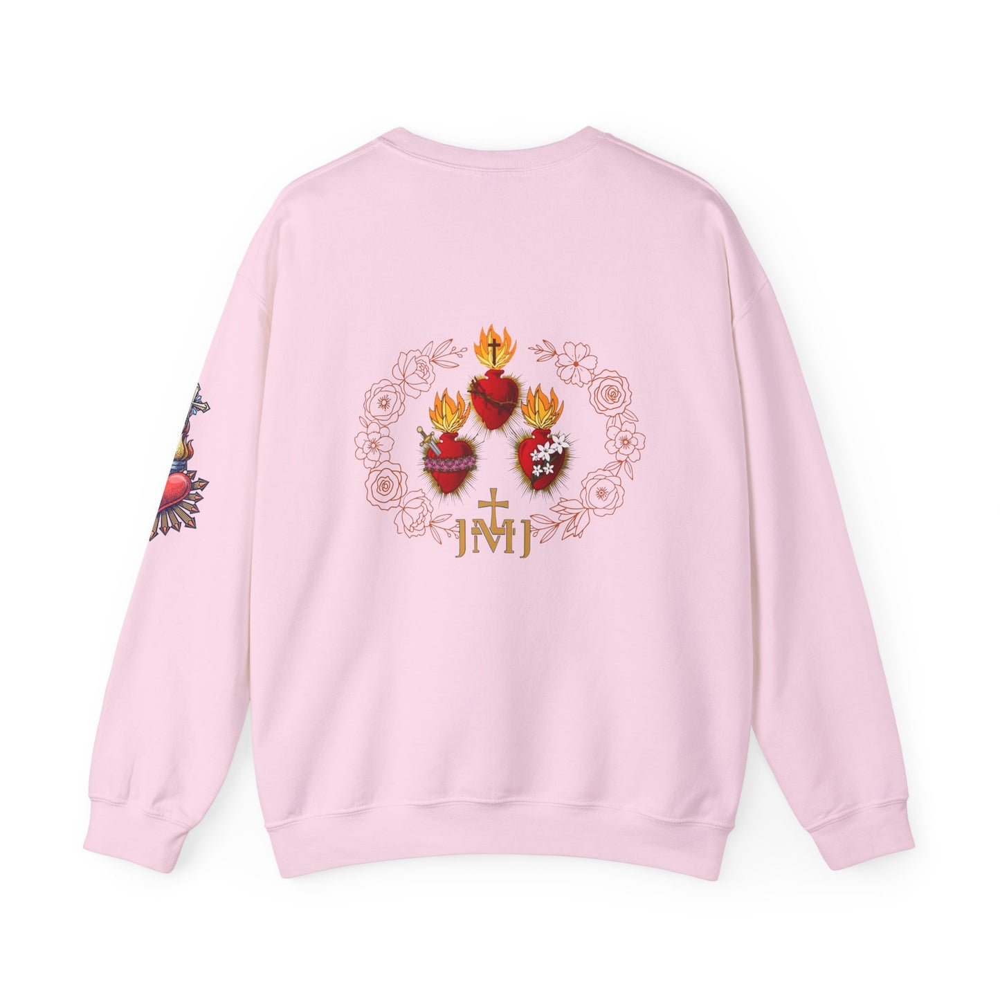 Sacred Hearts Crewneck Sweatshirt — Three Flaming Hearts with JMJ Cross (CT)