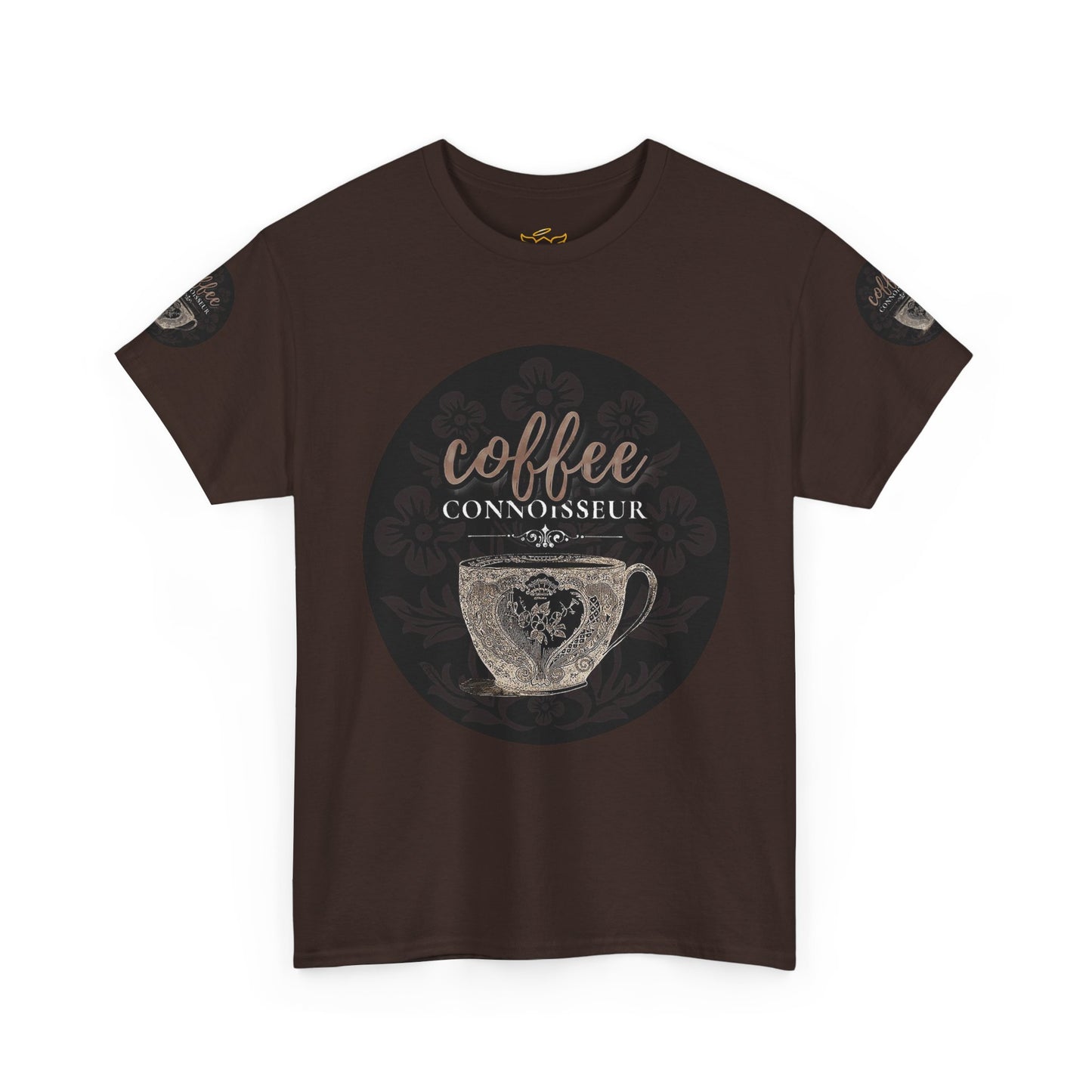 COFFEE LOVERS COTTON TEES For Connoisseurs, Brown t-shirt with 'coffee connoisseur' graphic on a white background