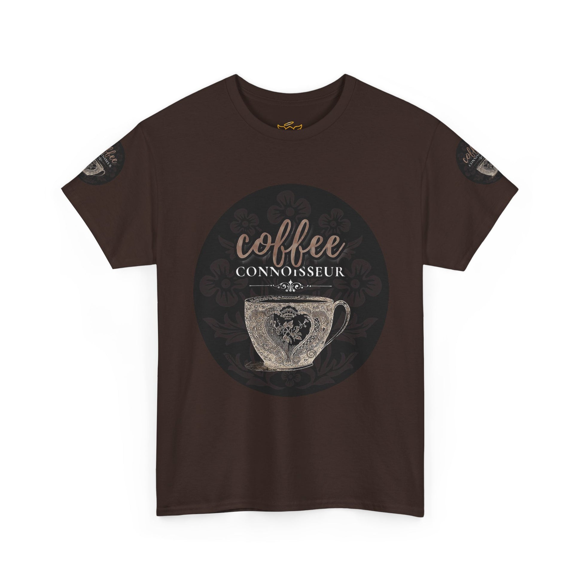 COFFEE LOVERS COTTON TEES For Connoisseurs, Brown t-shirt with 'coffee connoisseur' graphic on a white background