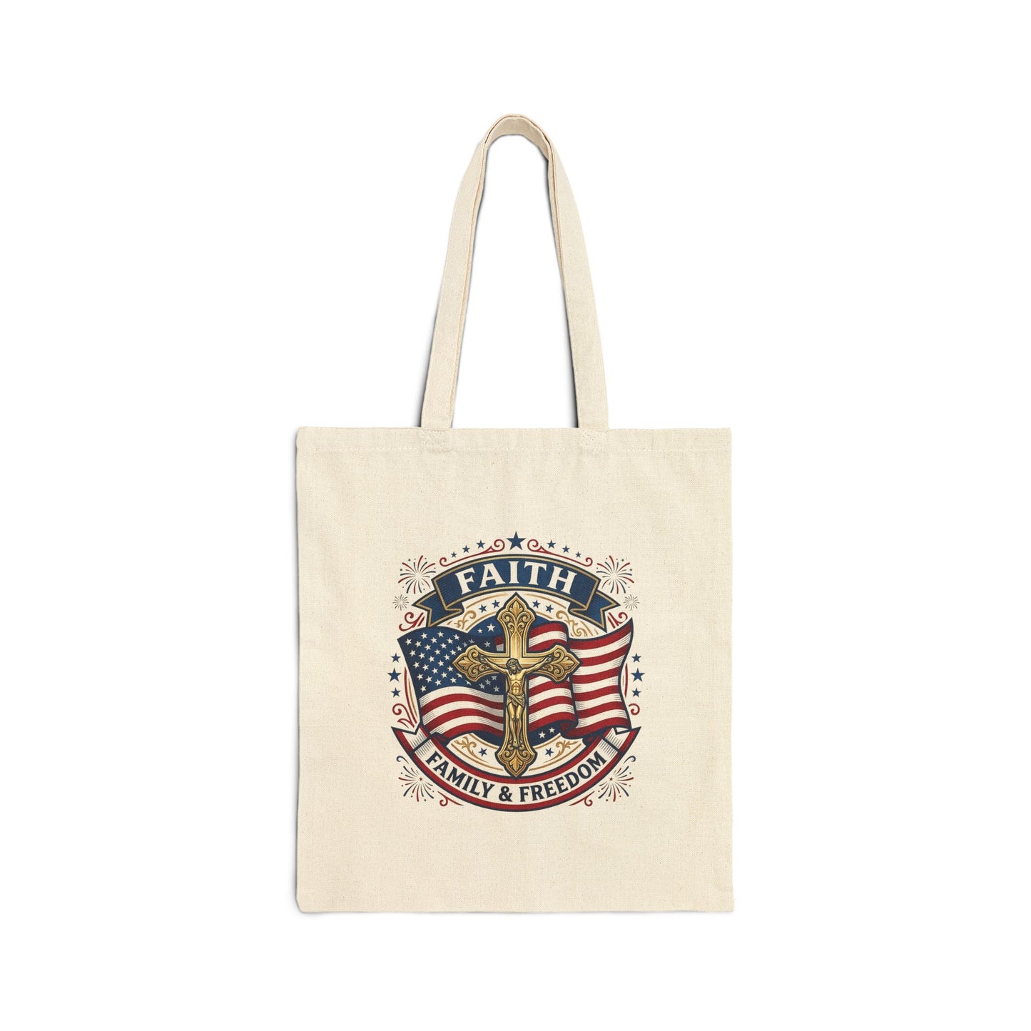 Catholic Faith, Family & Freedom Canvas Tote — Patriotic American Flag Shopping Bag (USA 250th)